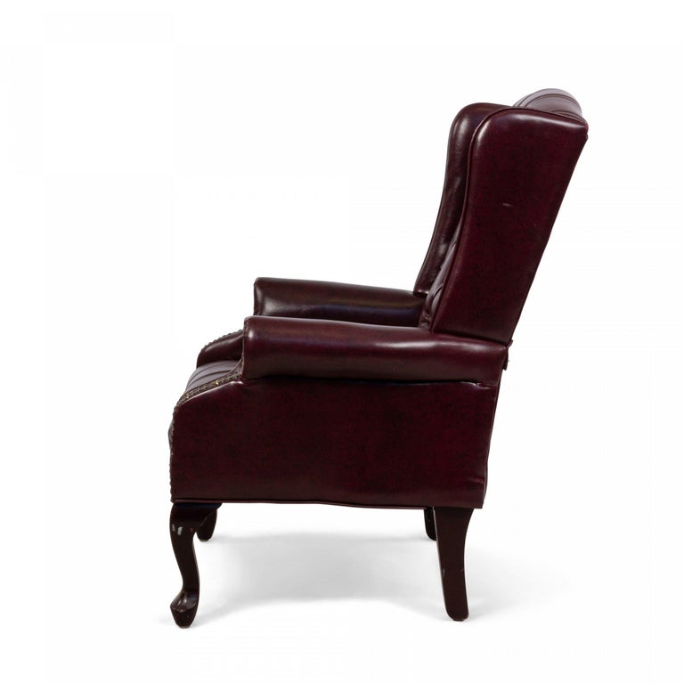 Burgundy Tufted Leather Wing Back Chairs For Sale 3