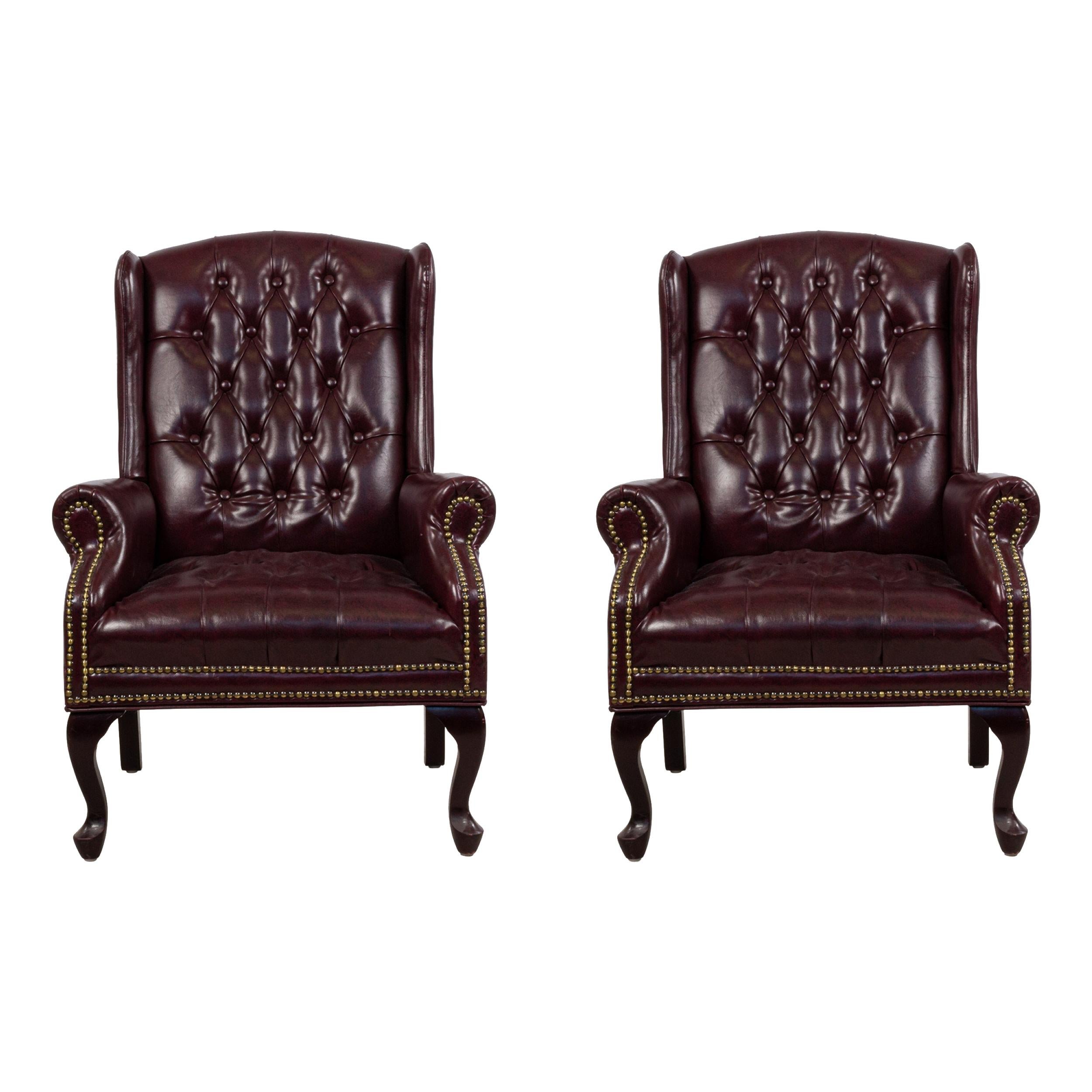 Burgundy Tufted Leather Wing Back Chairs