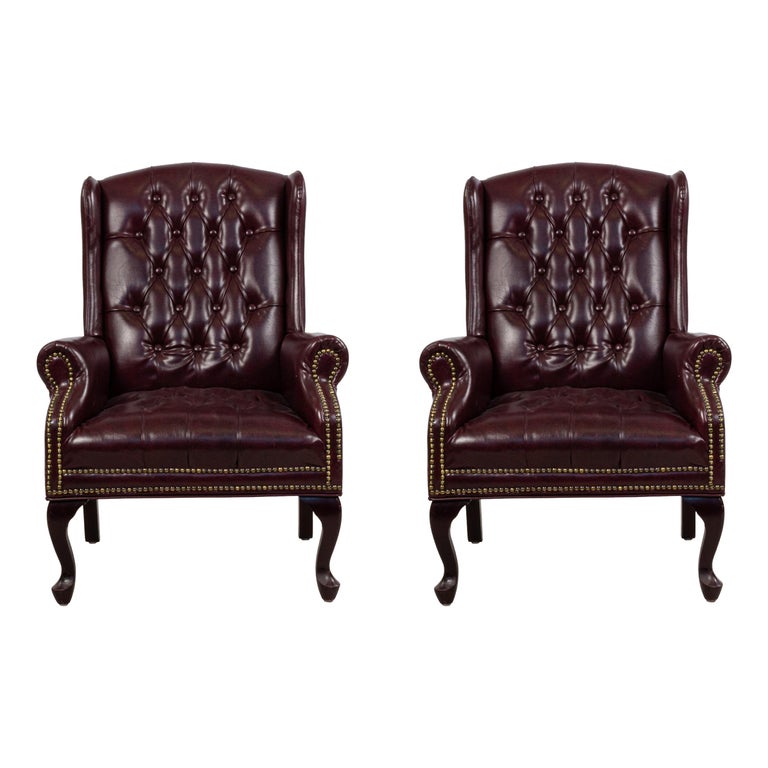 Burgundy Tufted Leather Wing Back Chairs For Sale