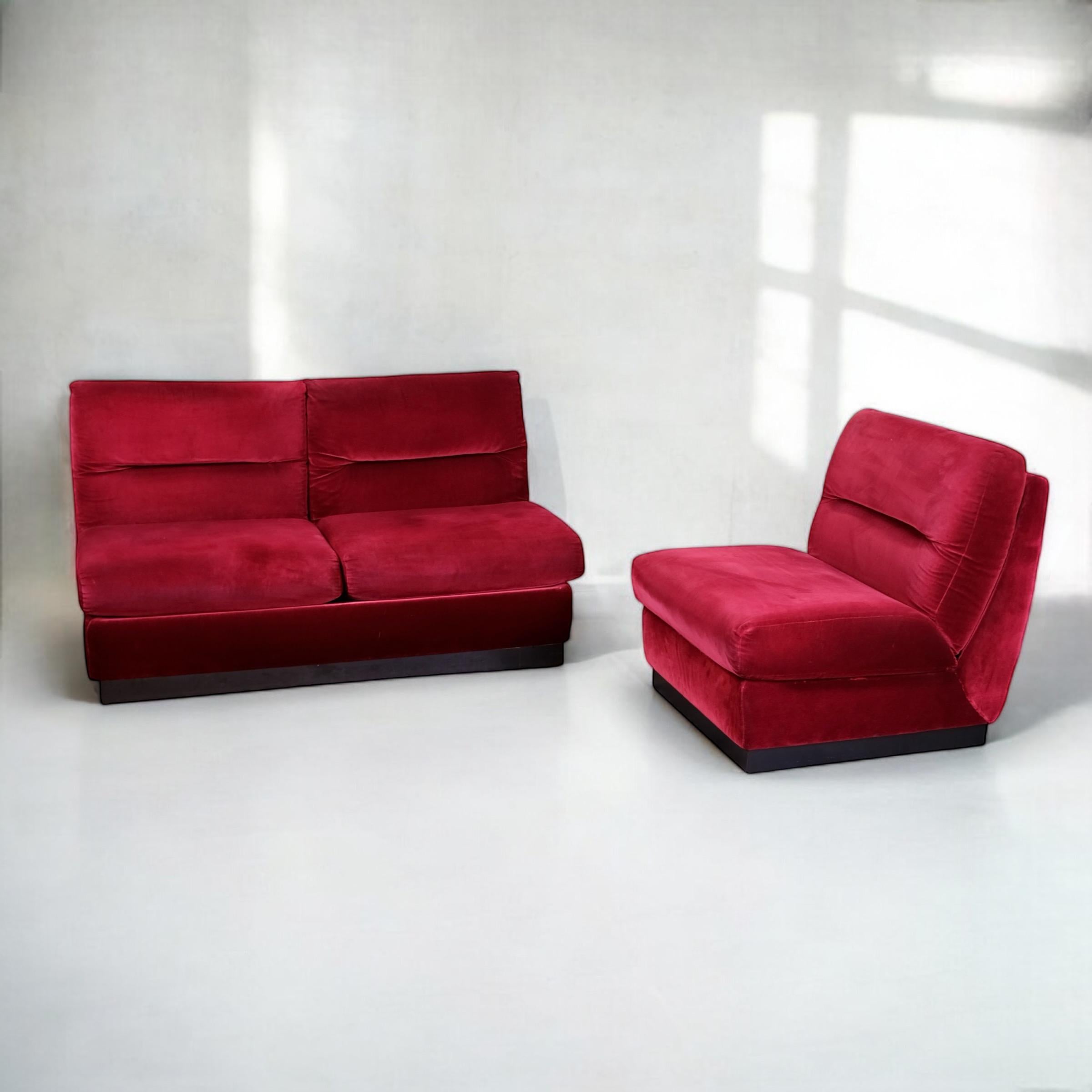 French Burgundy velvet living room set, made in France, 1980s