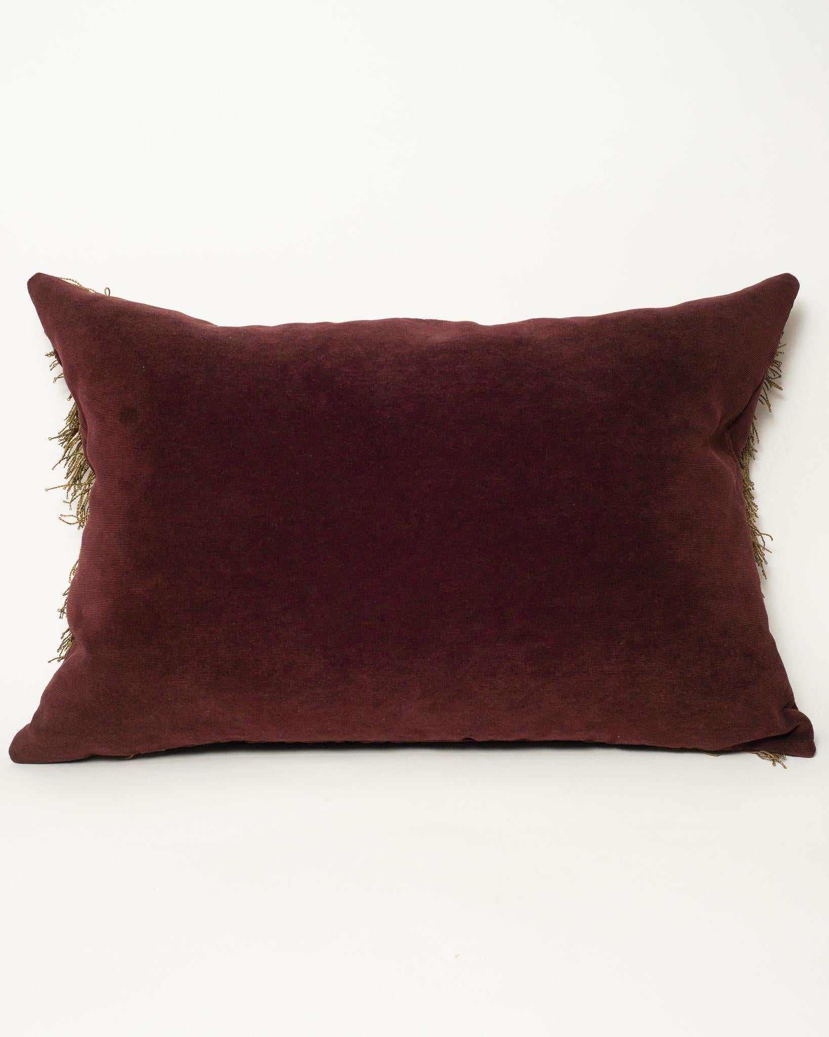 Italian Burgundy Velvet Pillow with Antique Metallic Trim & Tassels For Sale