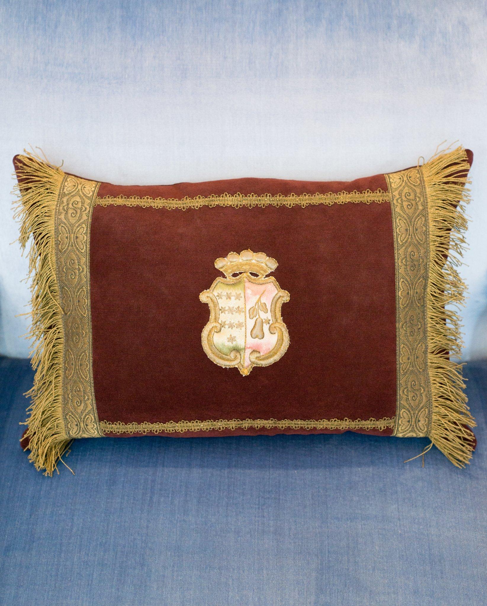 Burgundy Velvet Pillow with Antique Metallic Trim & Tassels In New Condition For Sale In Toronto, ON