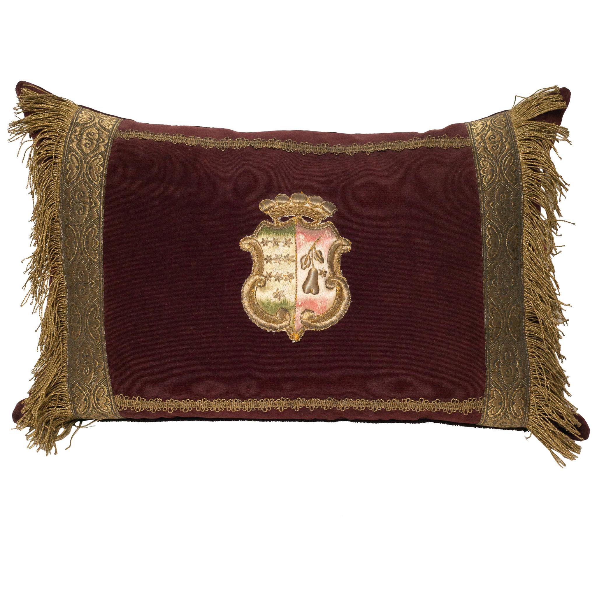Burgundy Velvet Pillow with Antique Metallic Trim & Tassels For Sale