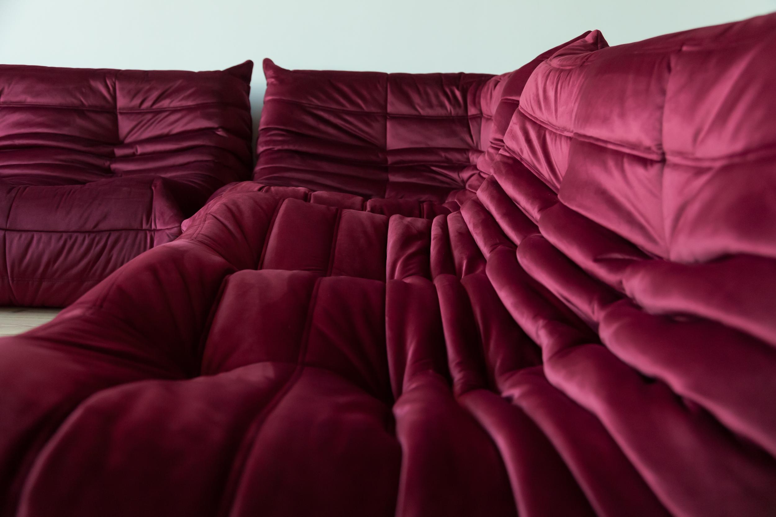 Burgundy Velvet Togo Sofa Set by Michel Ducaroy for Ligne Roset, Set of 5 For Sale 7