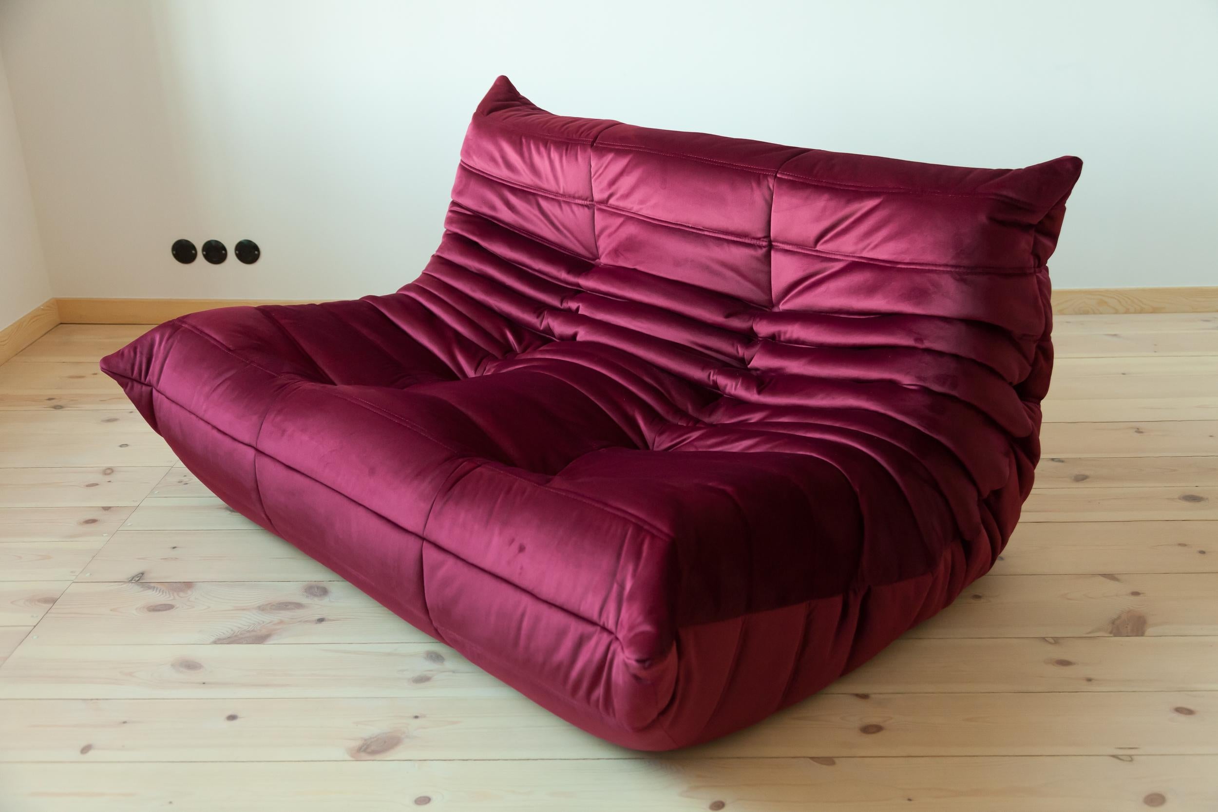 French Burgundy Velvet Togo Sofa Set by Michel Ducaroy for Ligne Roset, Set of 5 For Sale