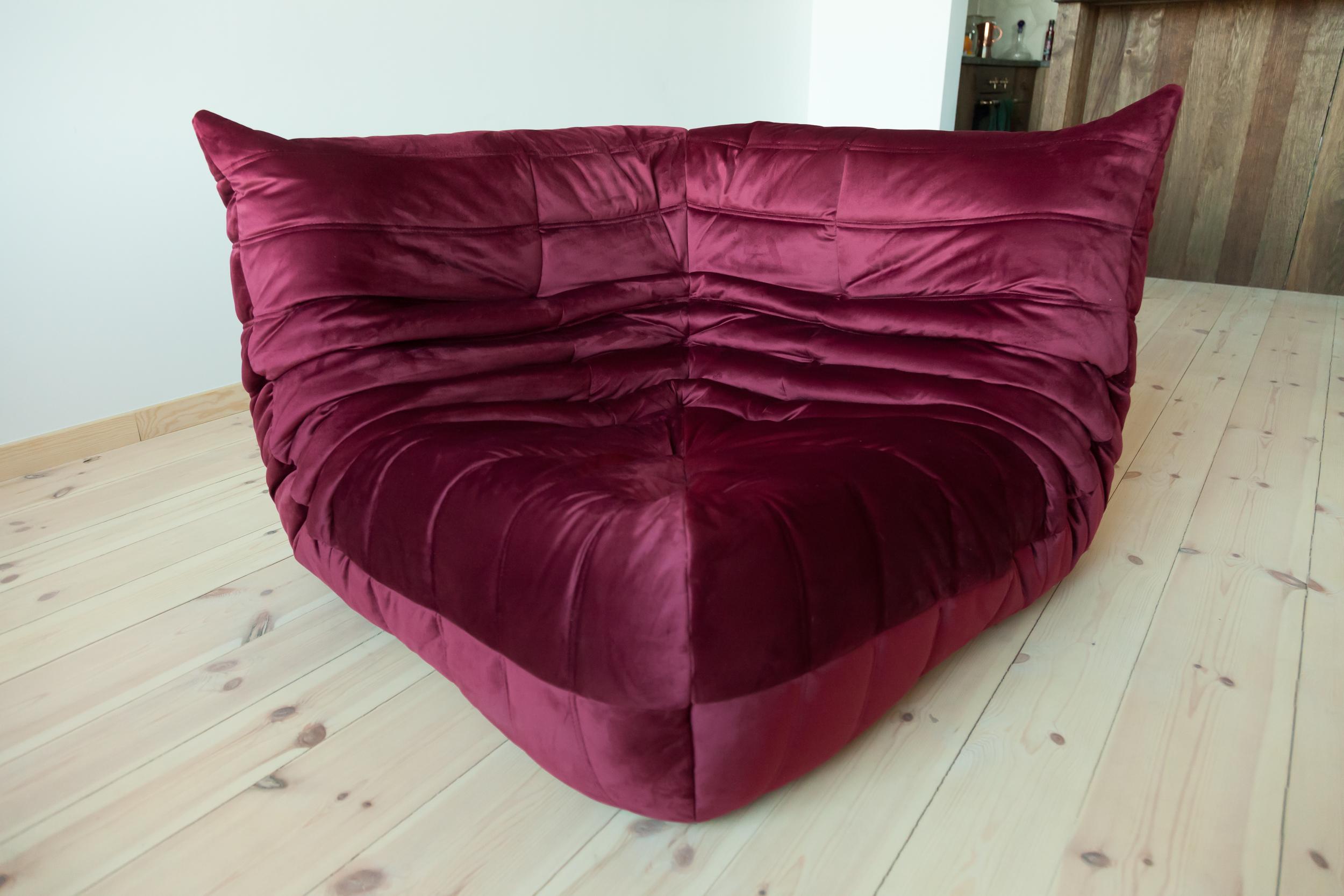 Burgundy Velvet Togo Sofa Set by Michel Ducaroy for Ligne Roset, Set of 5 For Sale 3