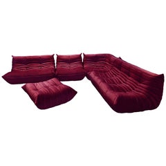 Burgundy Velvet Togo Sofa Set by Michel Ducaroy for Ligne Roset, 1970s, Set of 5