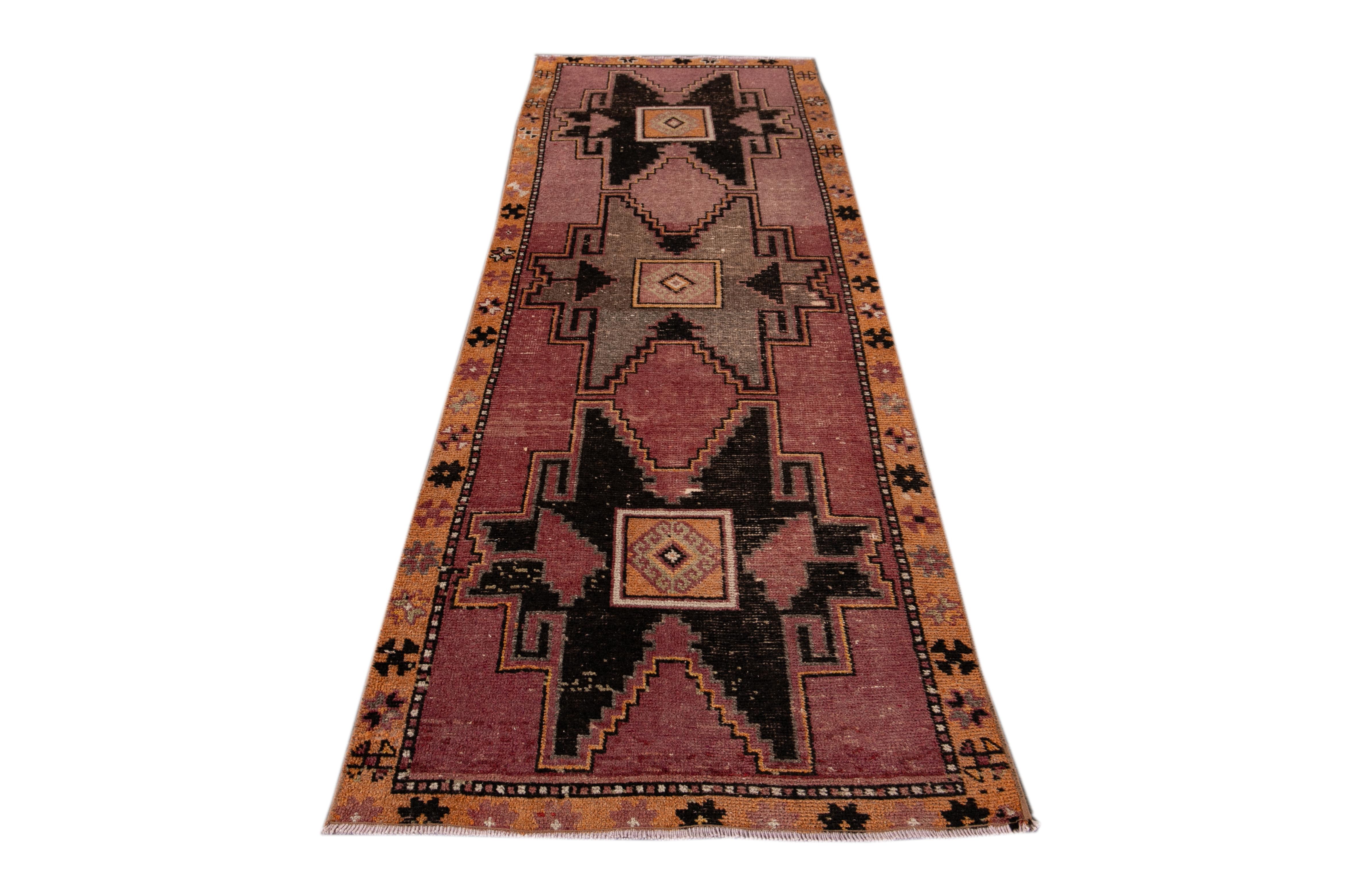 Hand-Knotted Burgundy Vintage Turkish Wool Runner For Sale