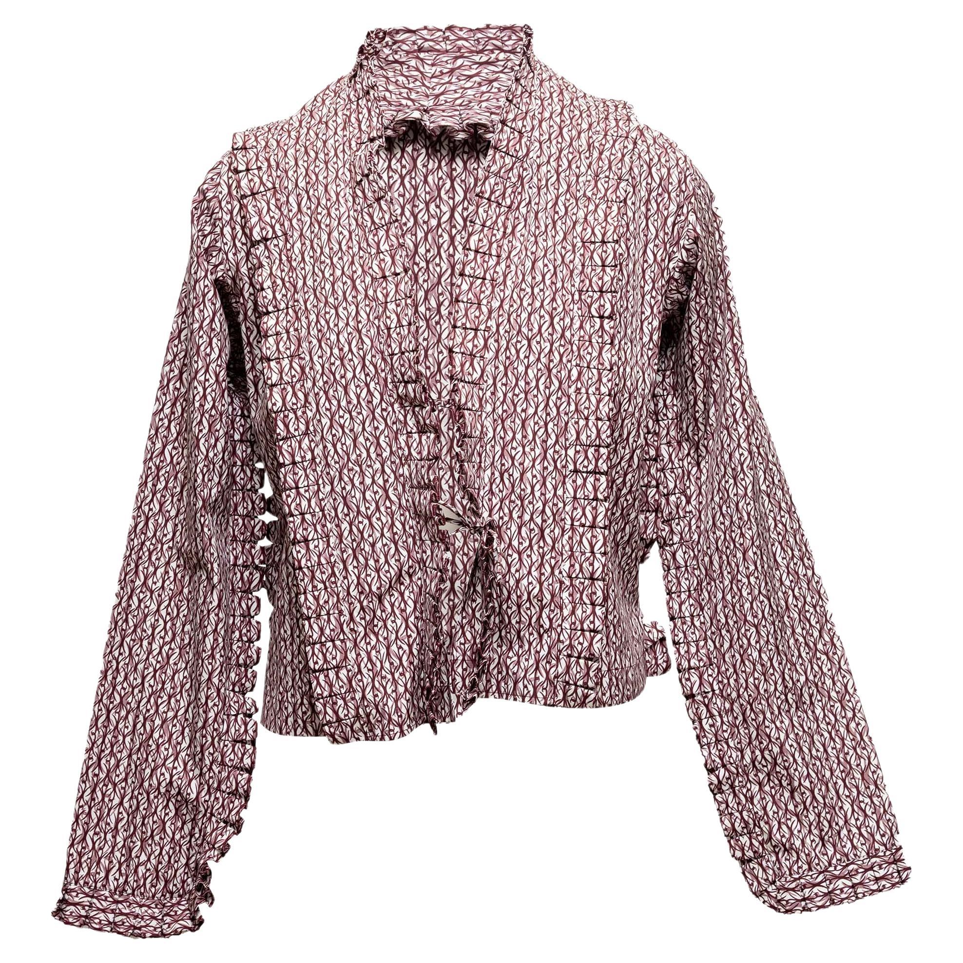 Burgundy & White Alaia Printed Tie-Front Blouse Size IT 40 For Sale
