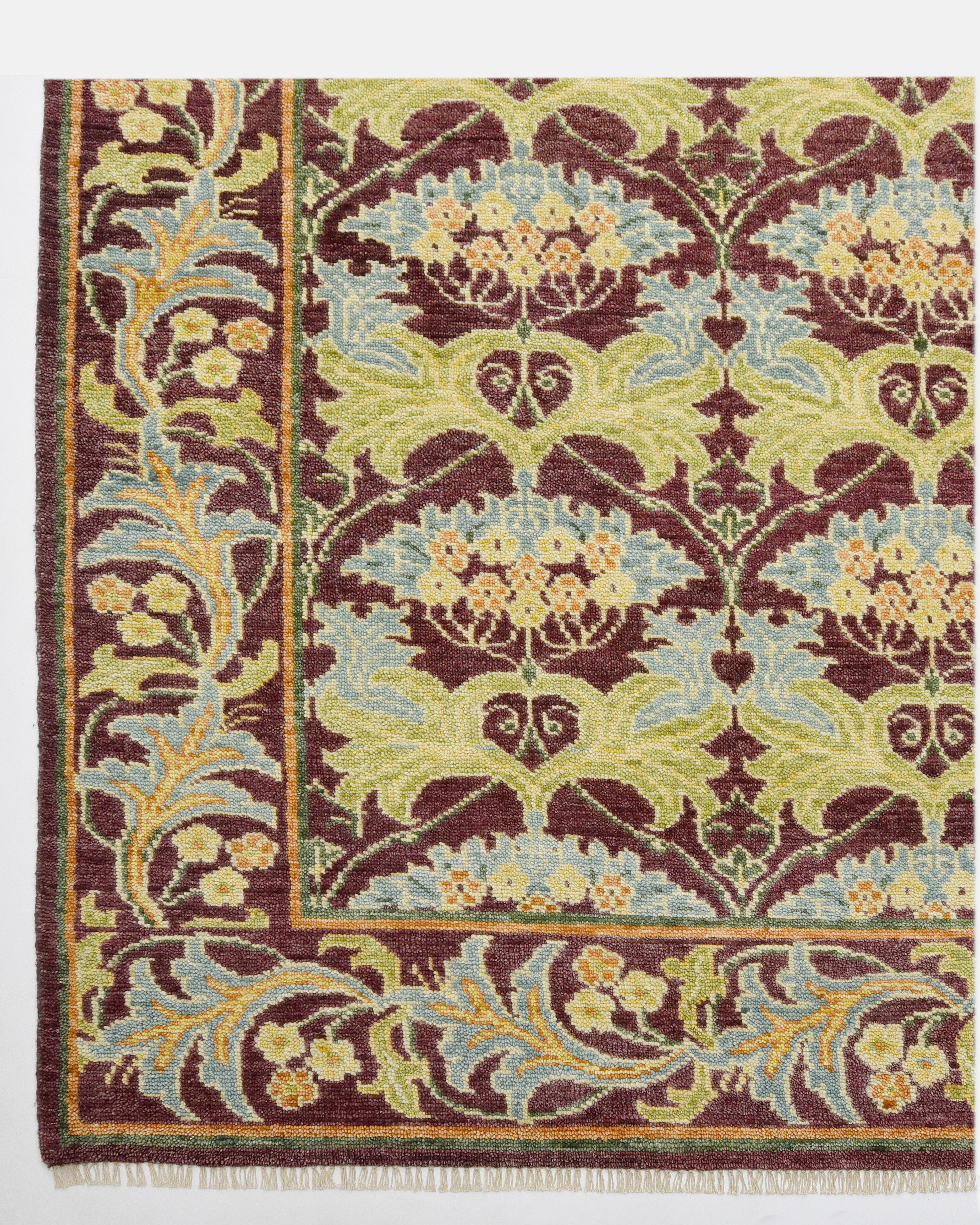 Hand-Knotted Burgundy William Morris Inspired Area Rug For Sale