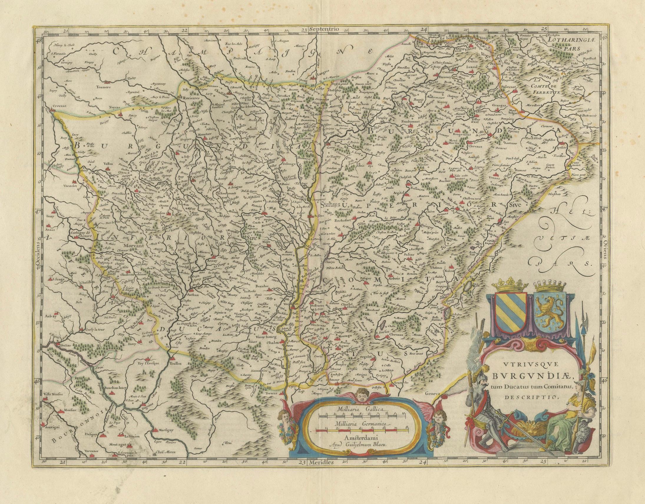 Papier Paysage Viticulturel de Bourgogne : Une gravure Cartographique de Willem Blaeu de 1640 en vente