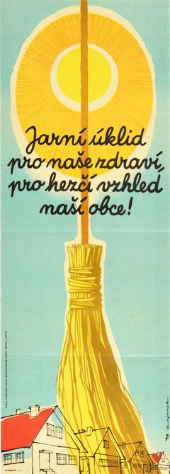 Original Vintage Poster Village Spring Clean For Health Sunshine Brush Design 