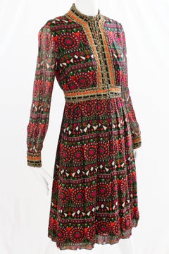 Burke-Amey Abstract Print Silk Jersey Dress with Metallic Rope Detail 1960s S