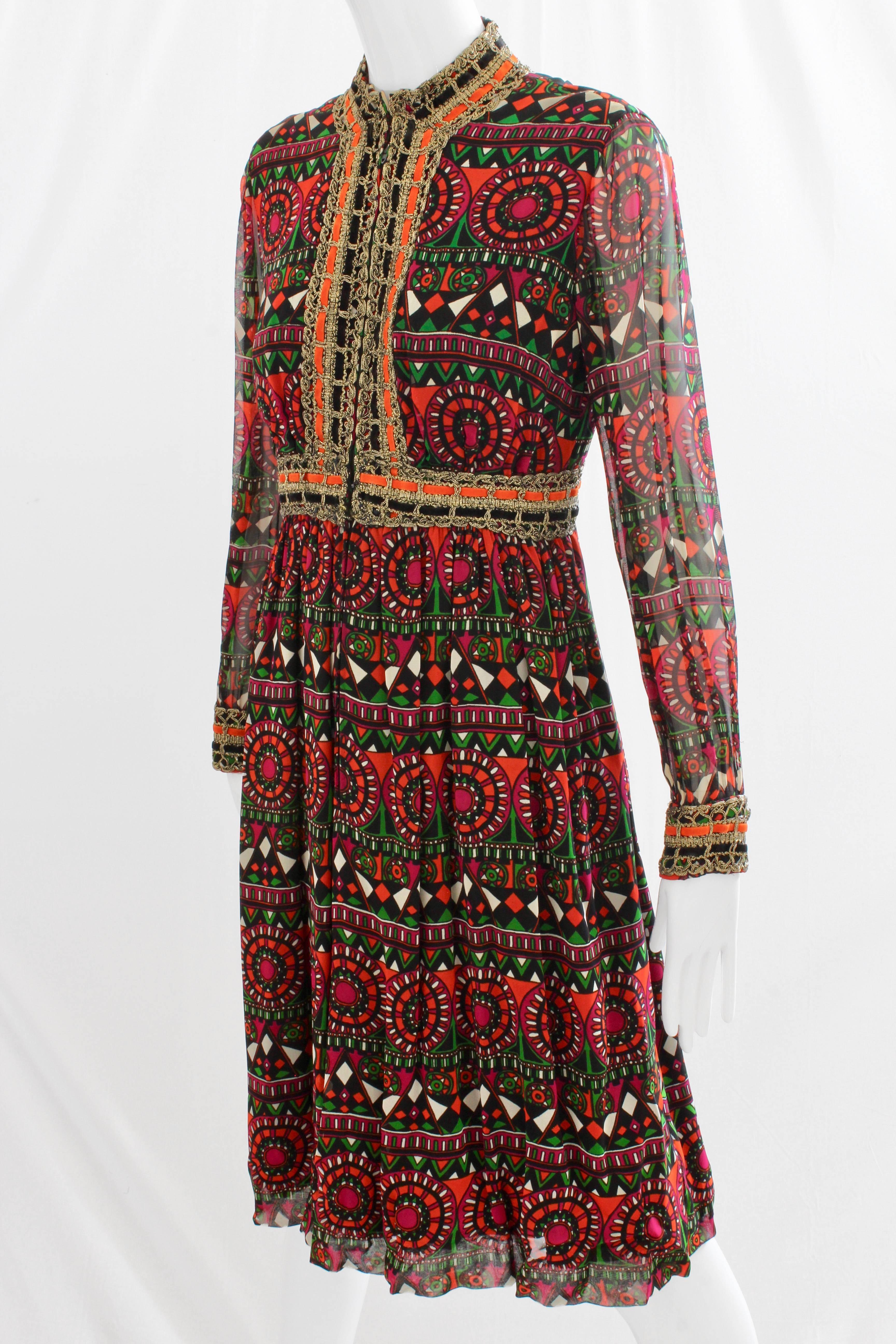 Brown Burke-Amey Abstract Print Silk Jersey Dress with Metallic Rope Detail 1960s S