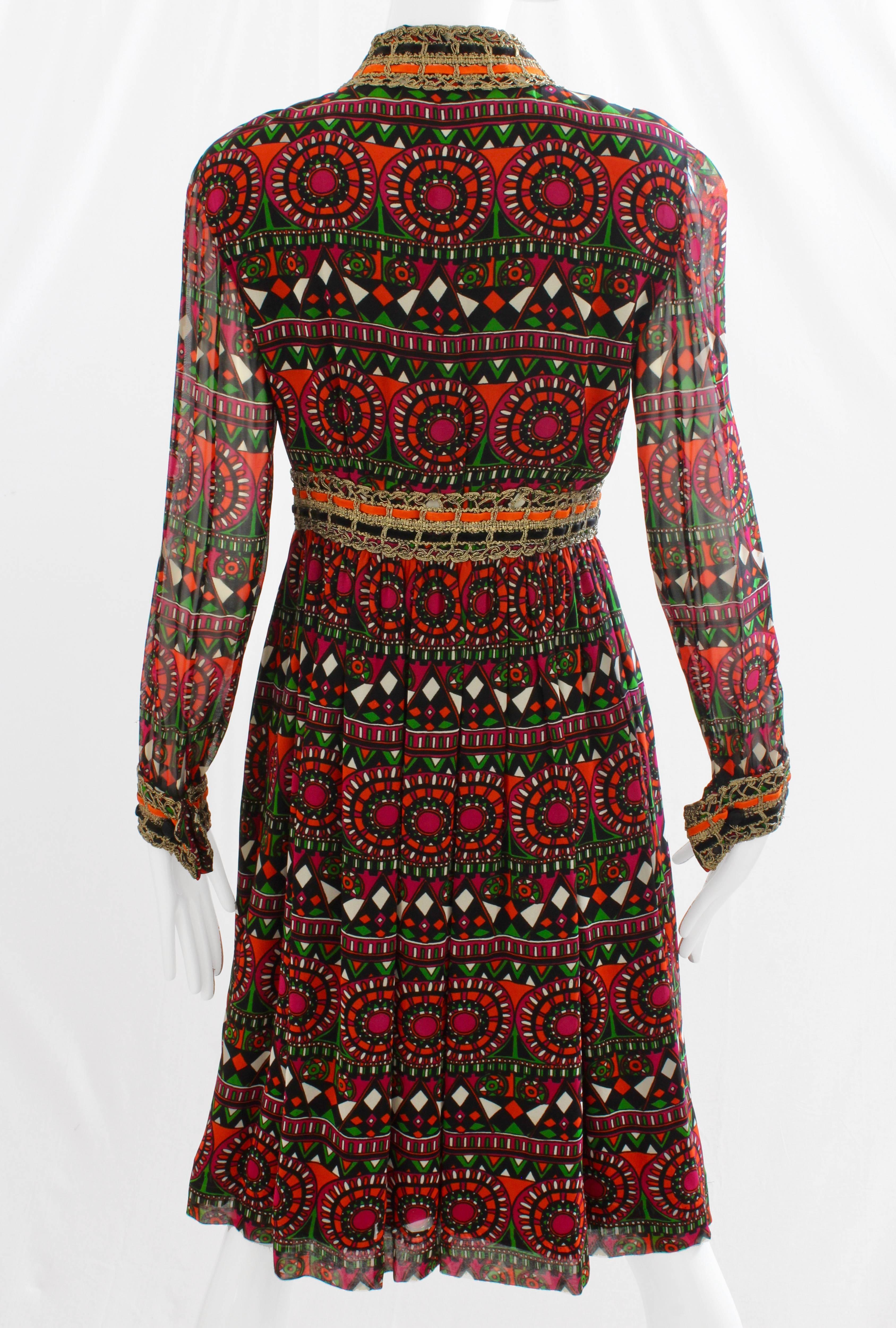 Burke-Amey Abstract Print Silk Jersey Dress with Metallic Rope Detail 1960s S In Good Condition In Port Saint Lucie, FL