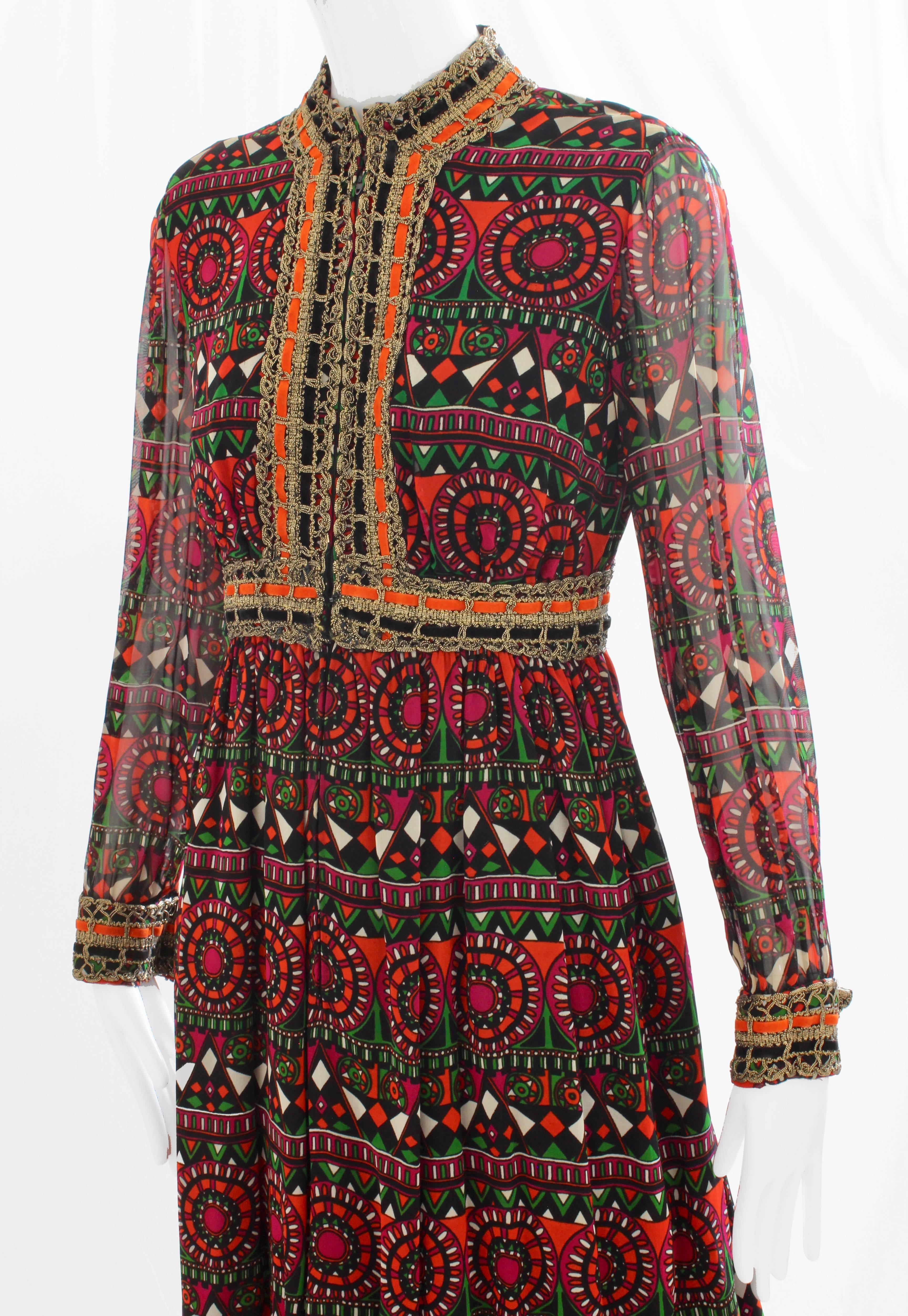 Women's Burke-Amey Abstract Print Silk Jersey Dress with Metallic Rope Detail 1960s S