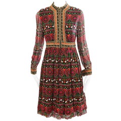 Burke-Amey Abstract Print Silk Jersey Dress with Metallic Rope Detail 1960s S