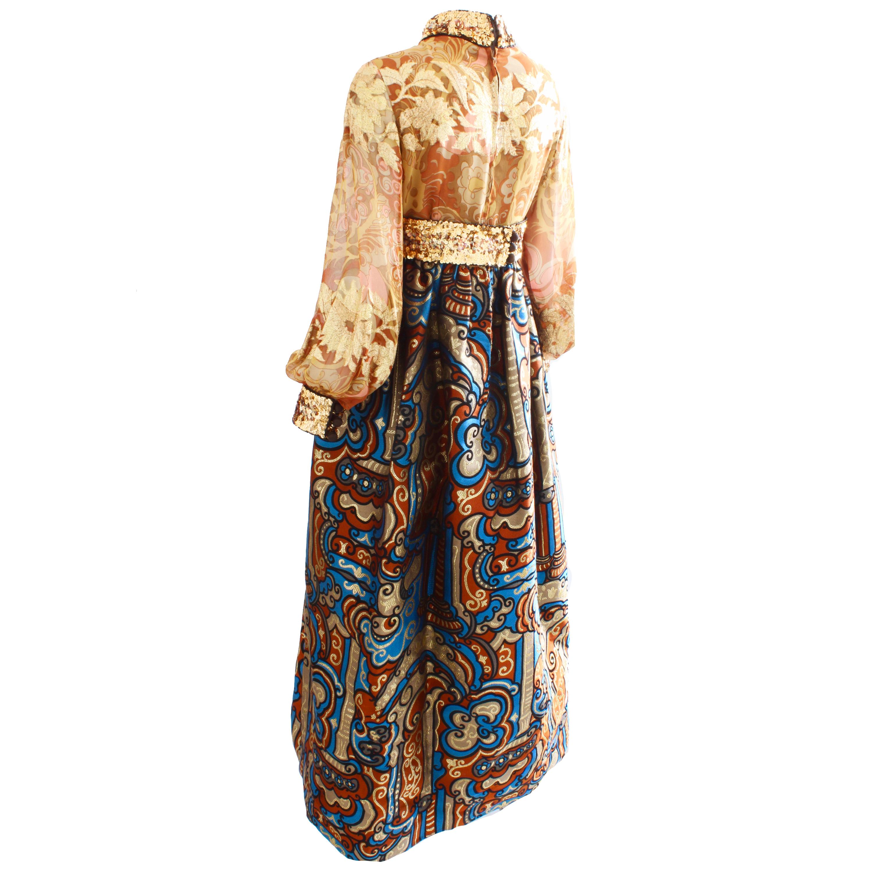 Burke Amey Evening Gown Floral Fantasy Silk Brocade Tapestry Vintage 70s  For Sale 1