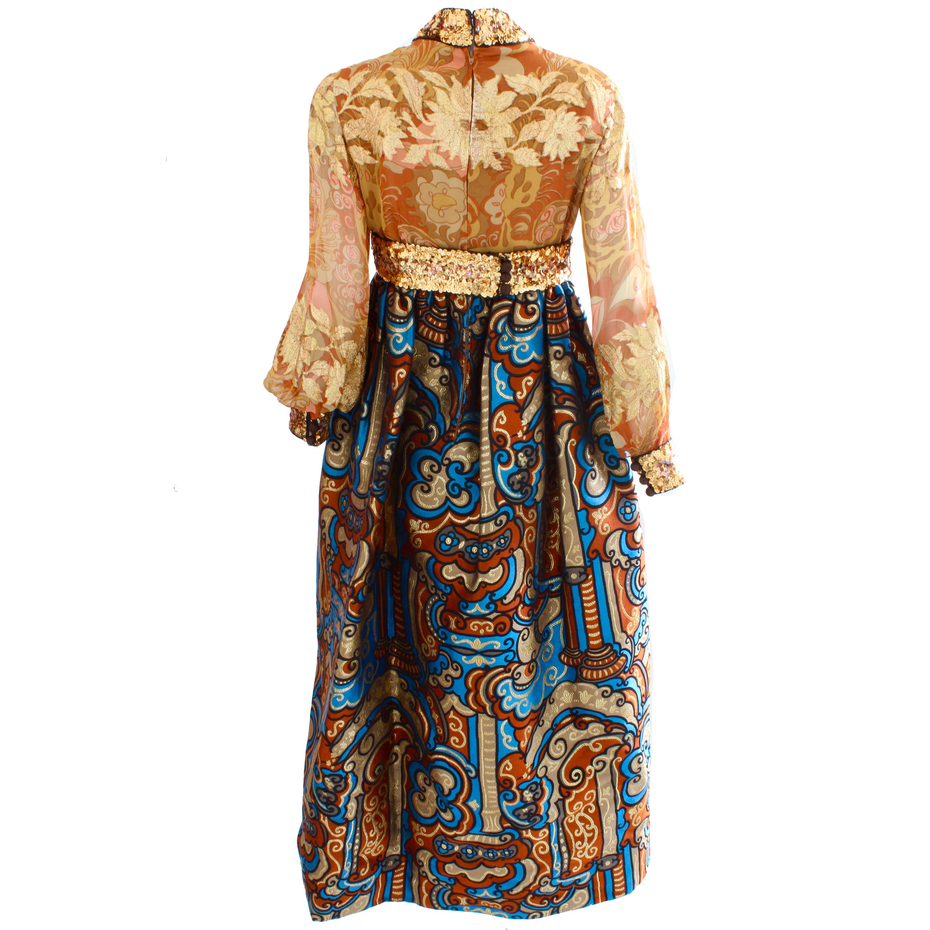 Burke Amey Evening Gown Floral Fantasy Silk Brocade Tapestry Vintage 70s  For Sale 2
