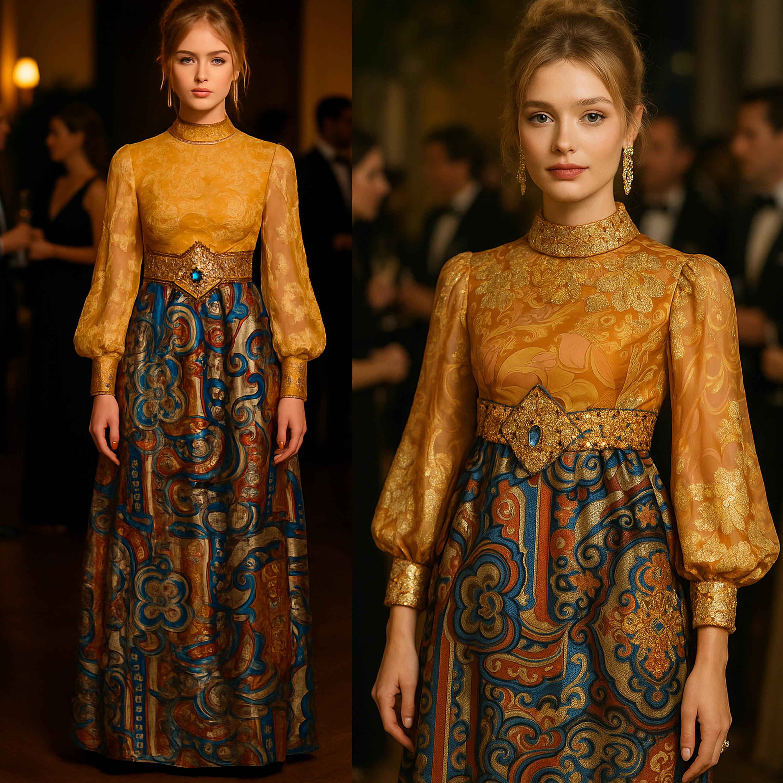 Burke Amey Abendkleid aus Seidenbrokat-Wandteppich mit Blumenmuster und Fantasie, Vintage 70er Jahre (Schwarz) im Angebot