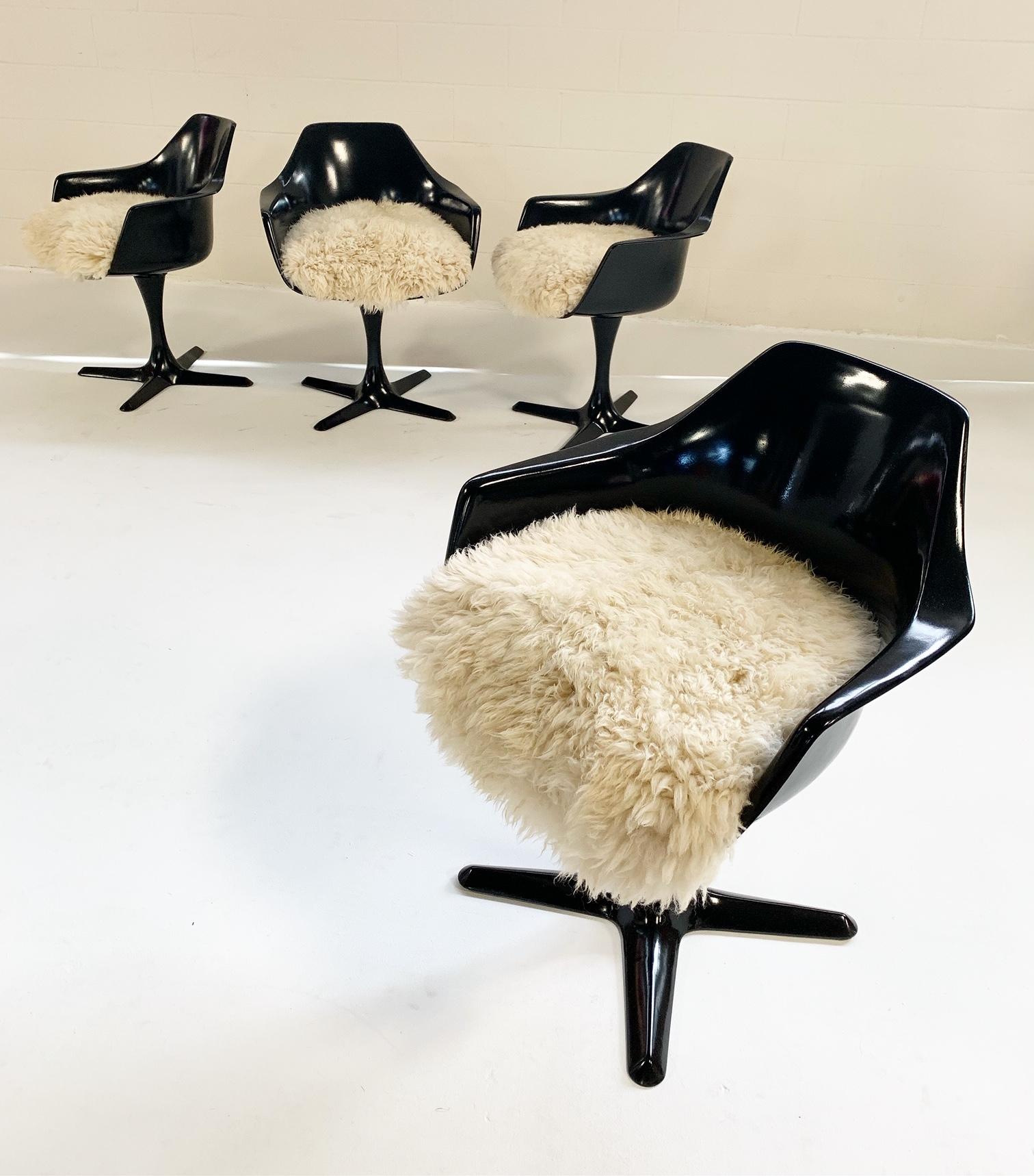 Mid-Century Modern Burke Inc Tulip Style Armchairs with Custom California Sheepskin Cushions, Set 