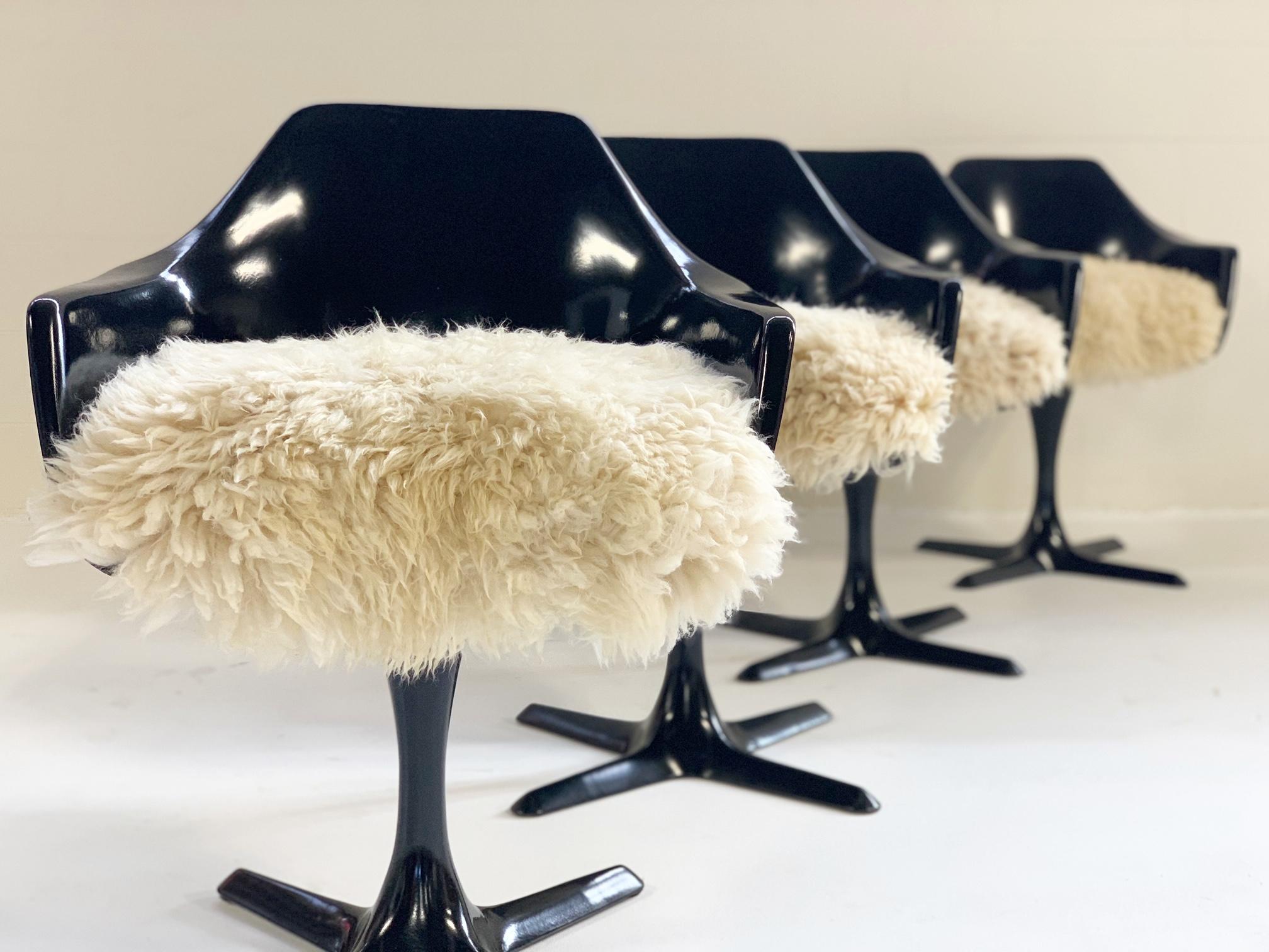 Burke Inc Tulip Style Armchairs with Custom California Sheepskin Cushions, Set  3