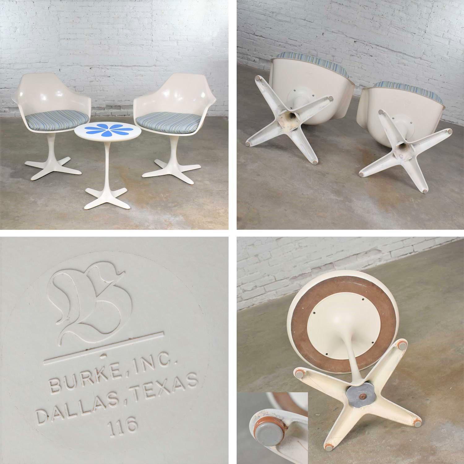 Burke Tulip Style Swivel Chairs & Side Table Mod Flower Petal Design Blue White 3