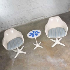 Burke Tulip Style Swivel Chairs & Side Table Mod Flower Petal Design Blue White