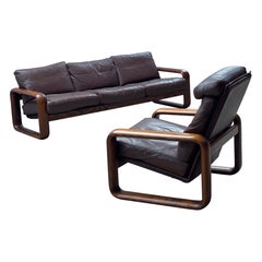 Juego de Sofá y Silla Rosenthal Studioline Esche Holz Leder, Deutschland 1970er