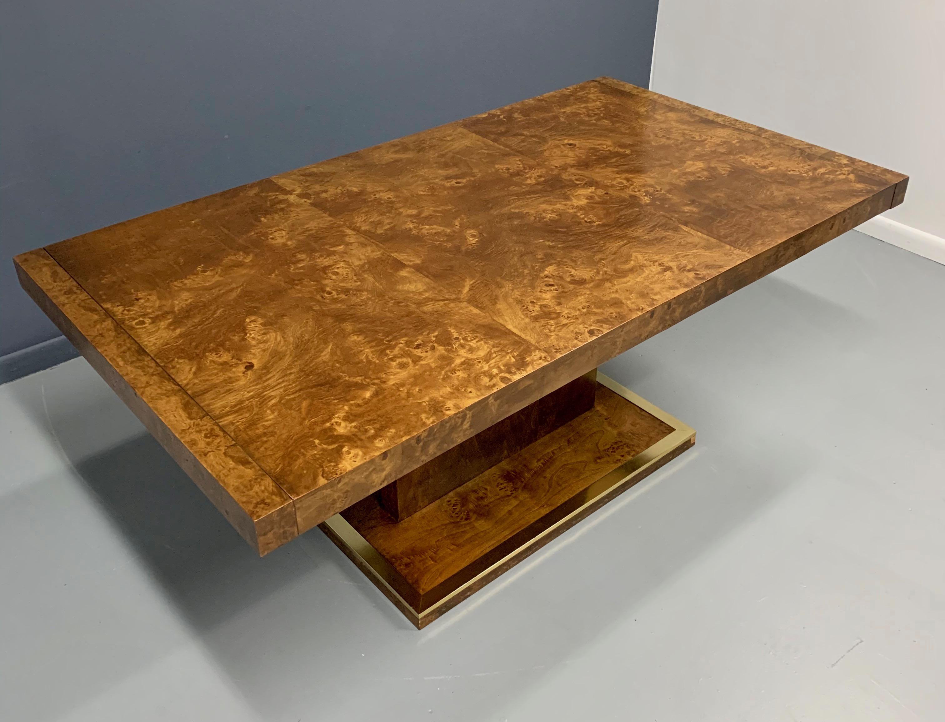 Mid-Century Modern Burl and Brass Dining Table in the Manner of Milo Baughman Midcentury