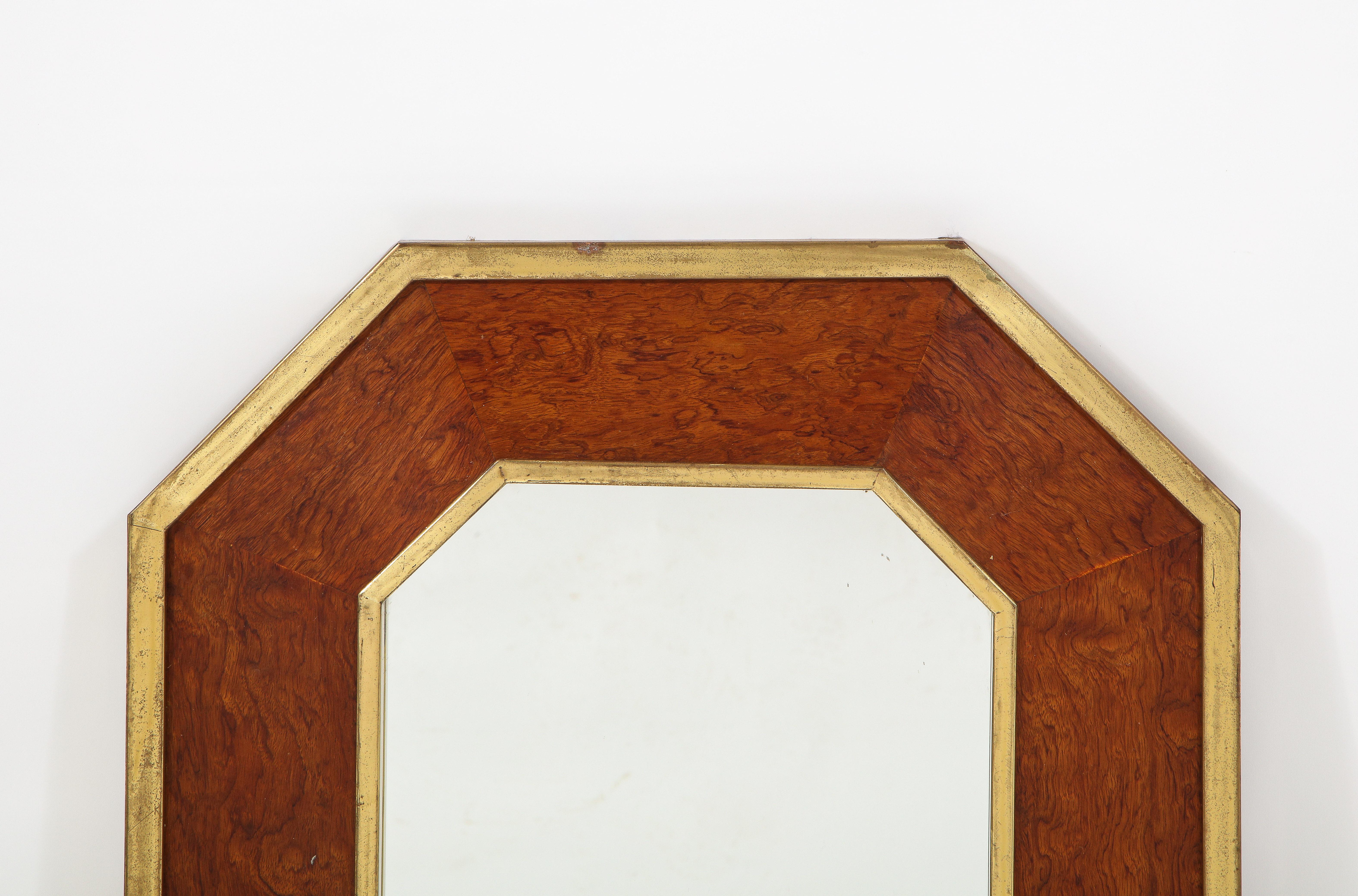 French Burl and Brass Neoclassical Revival Octogonal Mirror, France 1960's For Sale