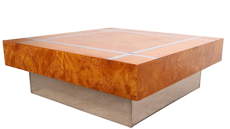 Burl and Chrome Coffee Table Att. to Milo Baughman, c 1970's For Sale 1