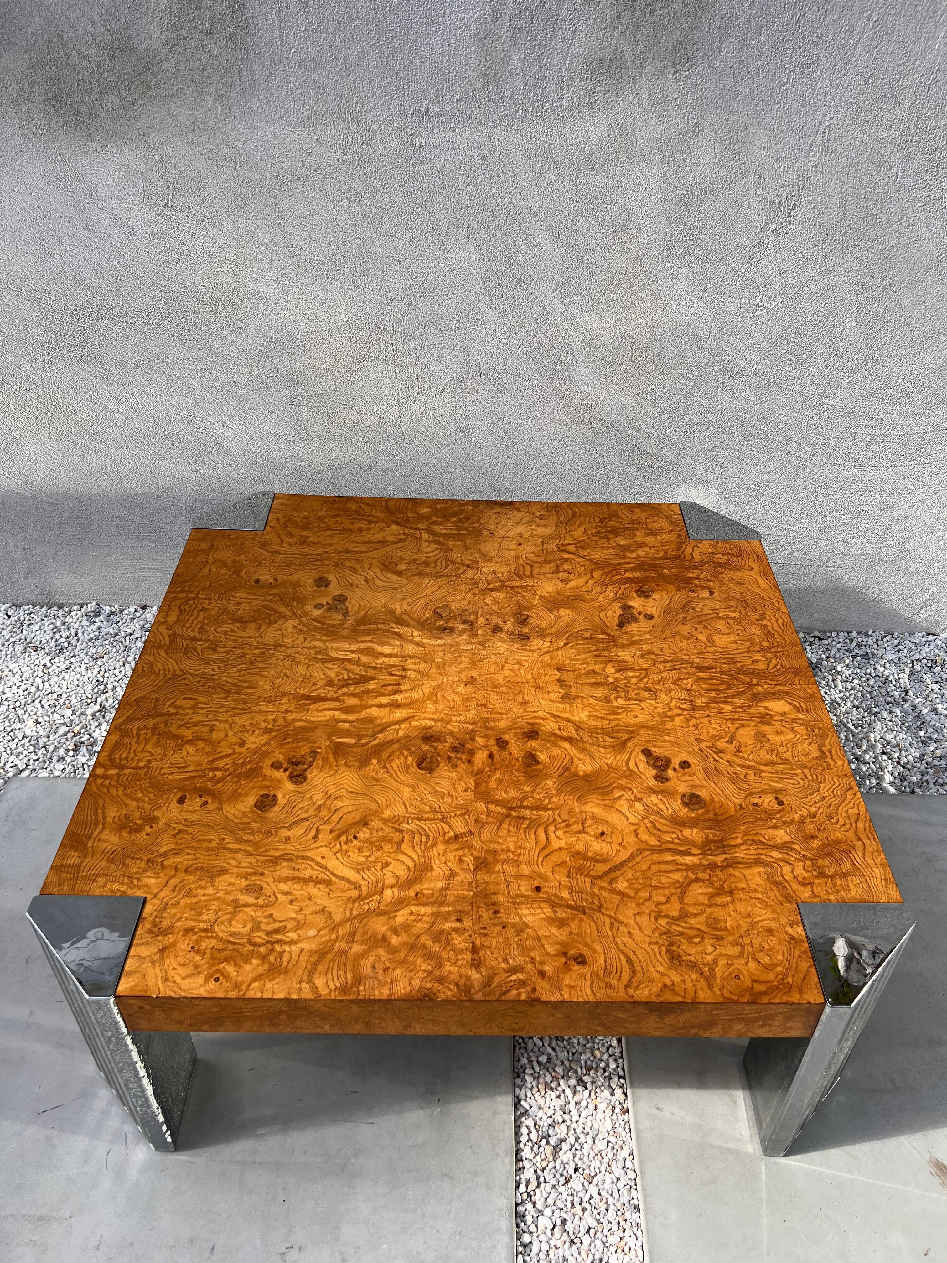 Burl and Chrome Coffee Table by Rowe, 1970s 9