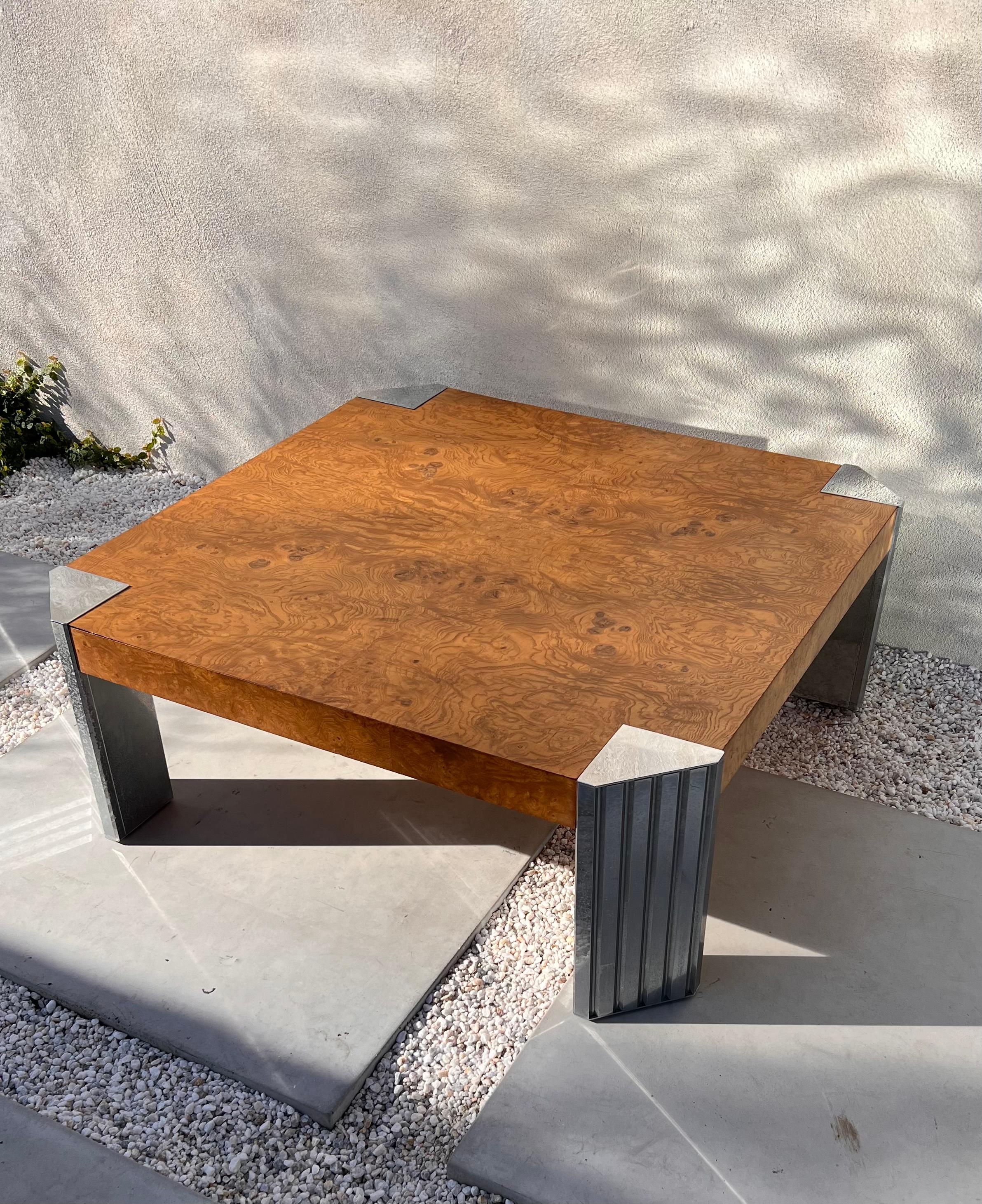 American Burl and Chrome Coffee Table by Rowe, 1970s