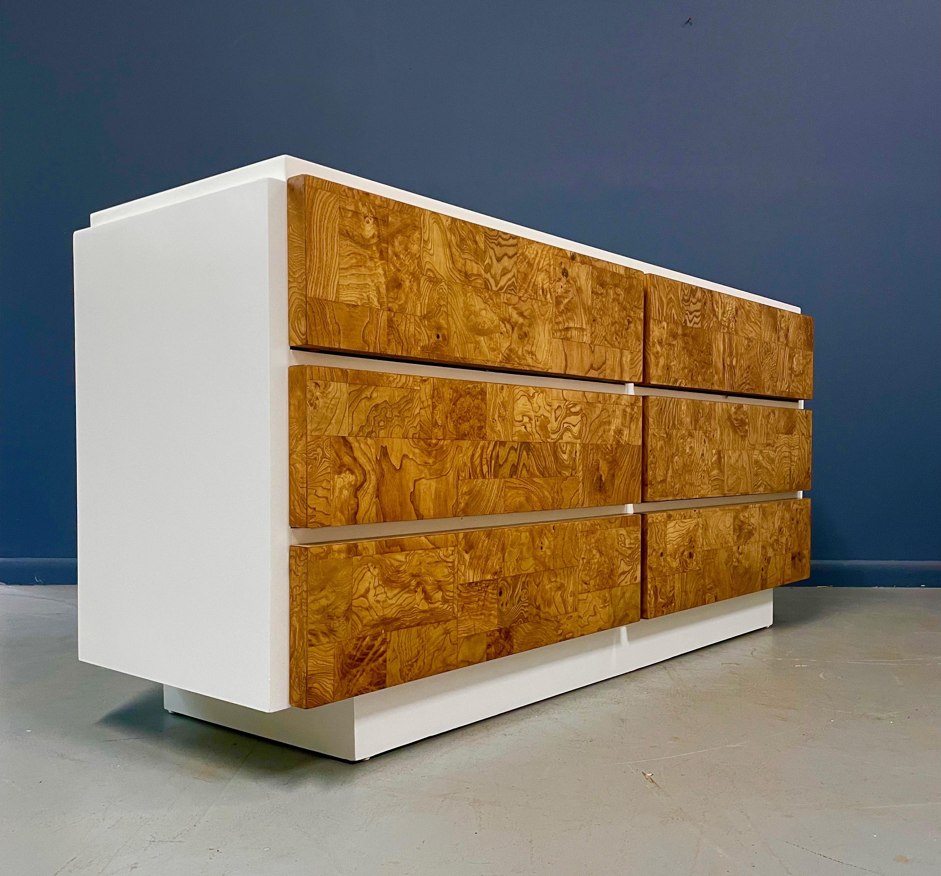 Mid-Century Modern Burl and Lacquer Mid Century Six Drawer Dresser by Lane Milo Baughman Style