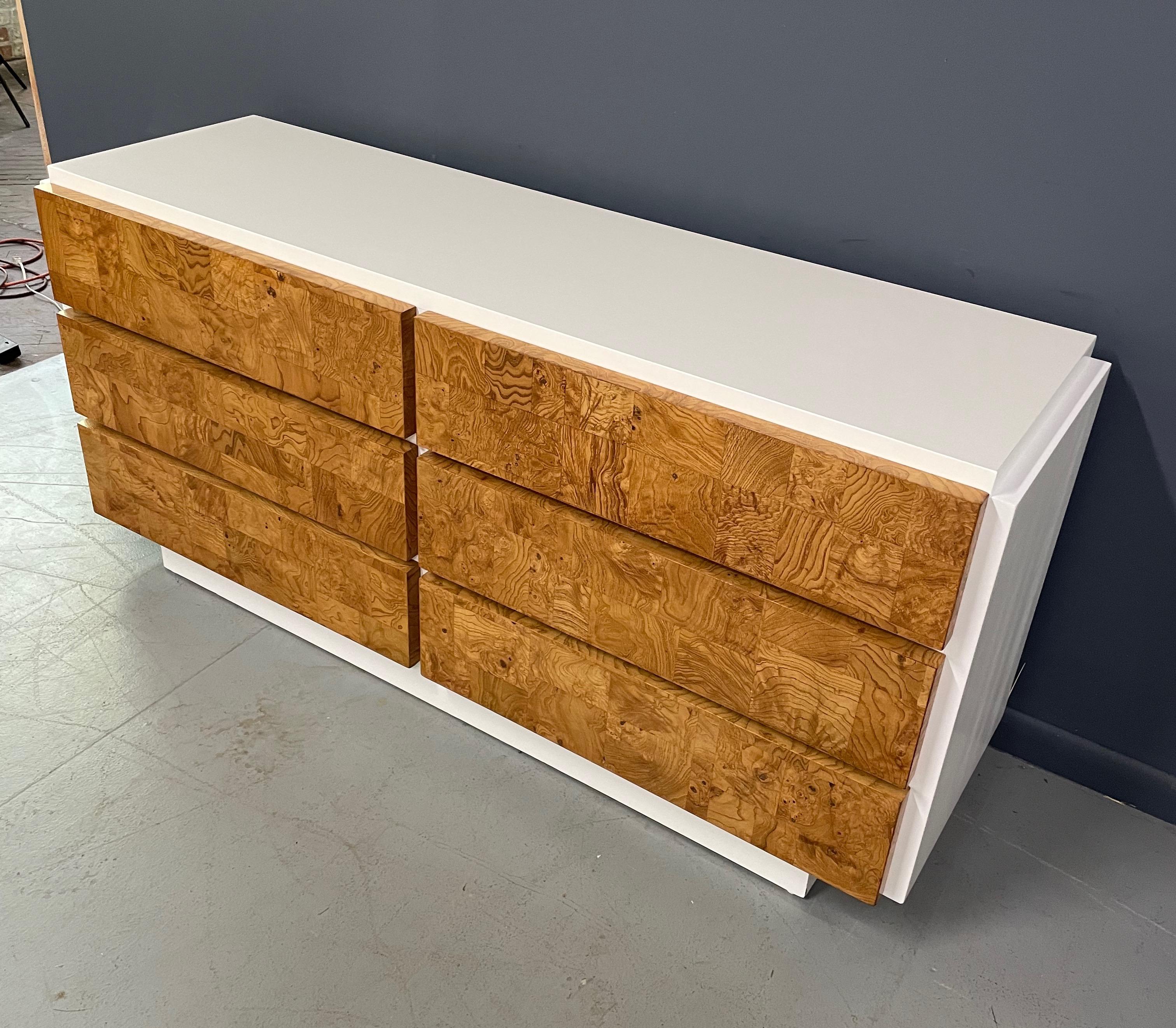 North American Burl and Lacquer Mid Century Six Drawer Dresser by Lane Milo Baughman Style