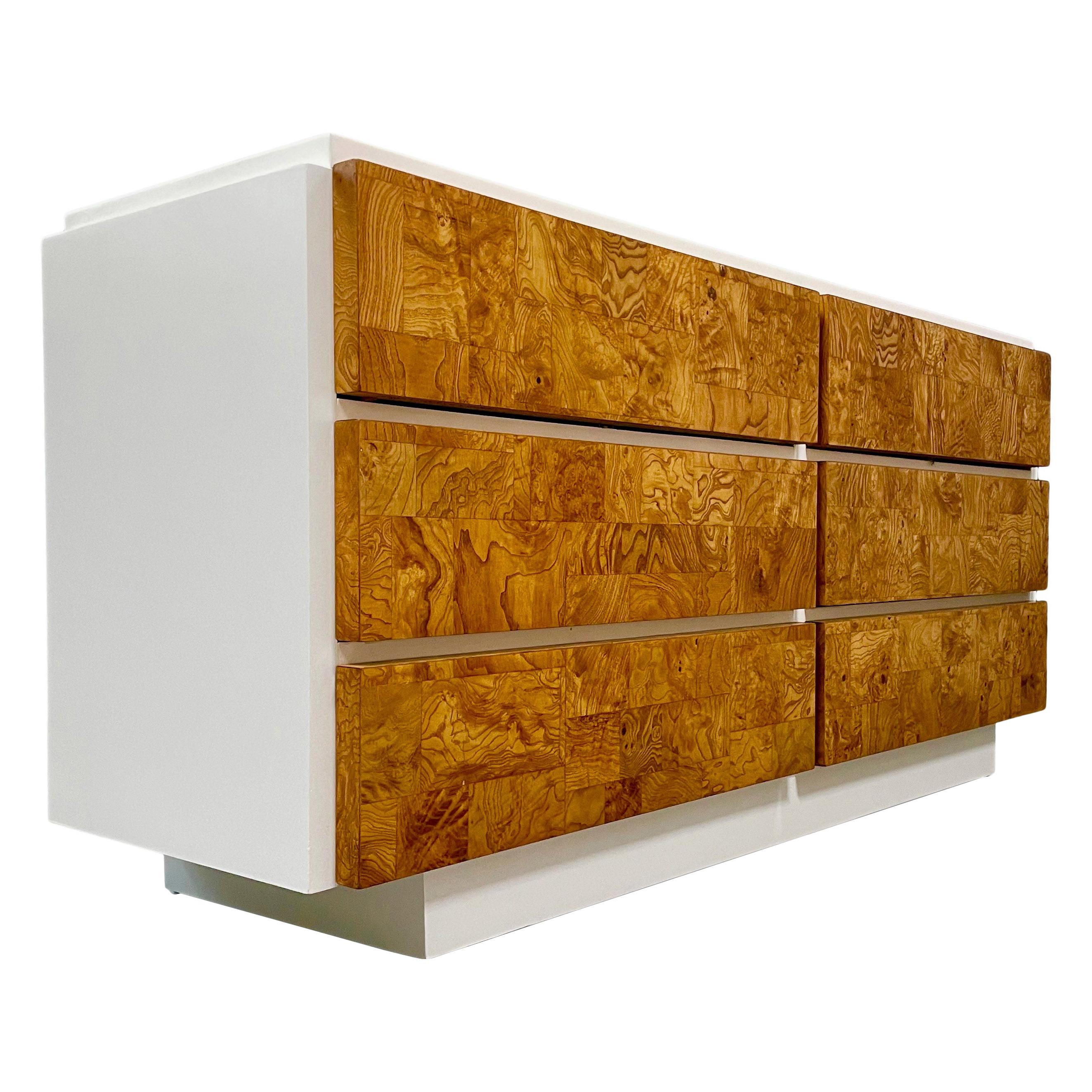 Burl and Lacquer Mid Century Six Drawer Dresser by Lane Milo Baughman Style