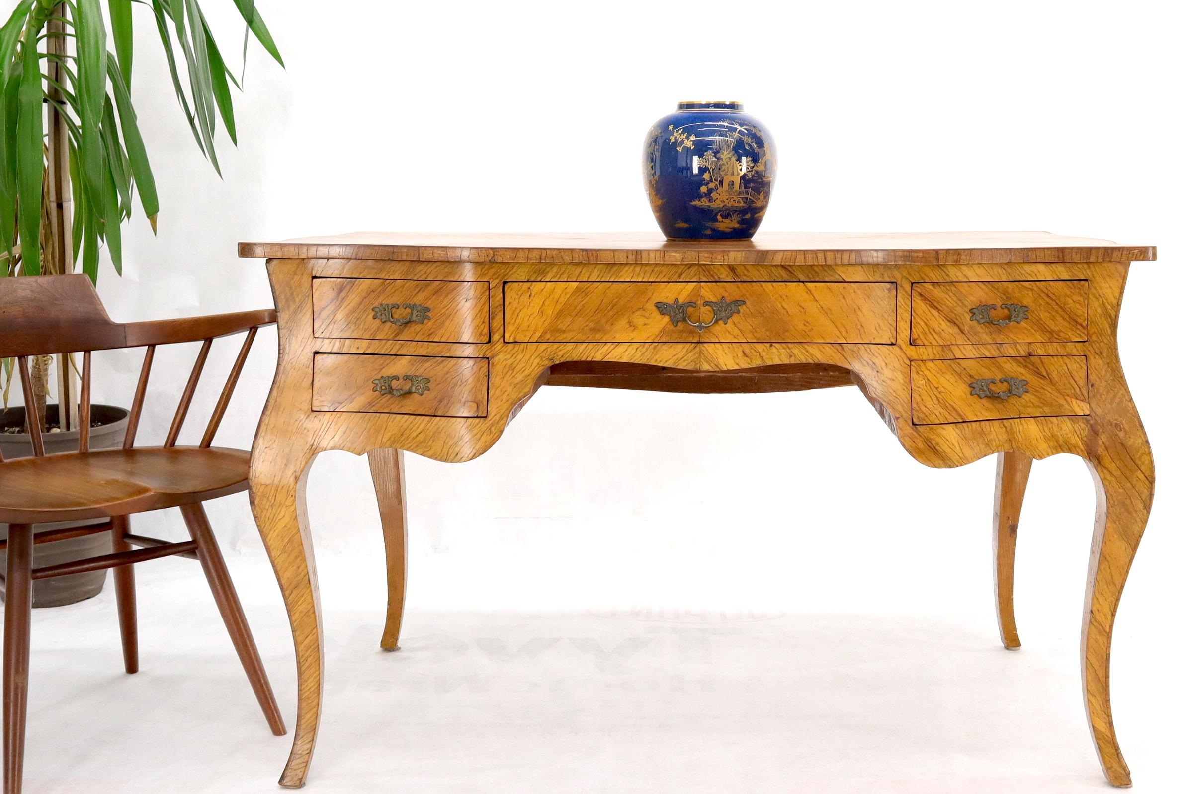 Louis XV Burl and Olive Wood Italian 5 Drawers Bombay Shape Desk