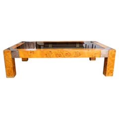 Burl and Smoke Glass Coffee Table in the style of Milo Baughman