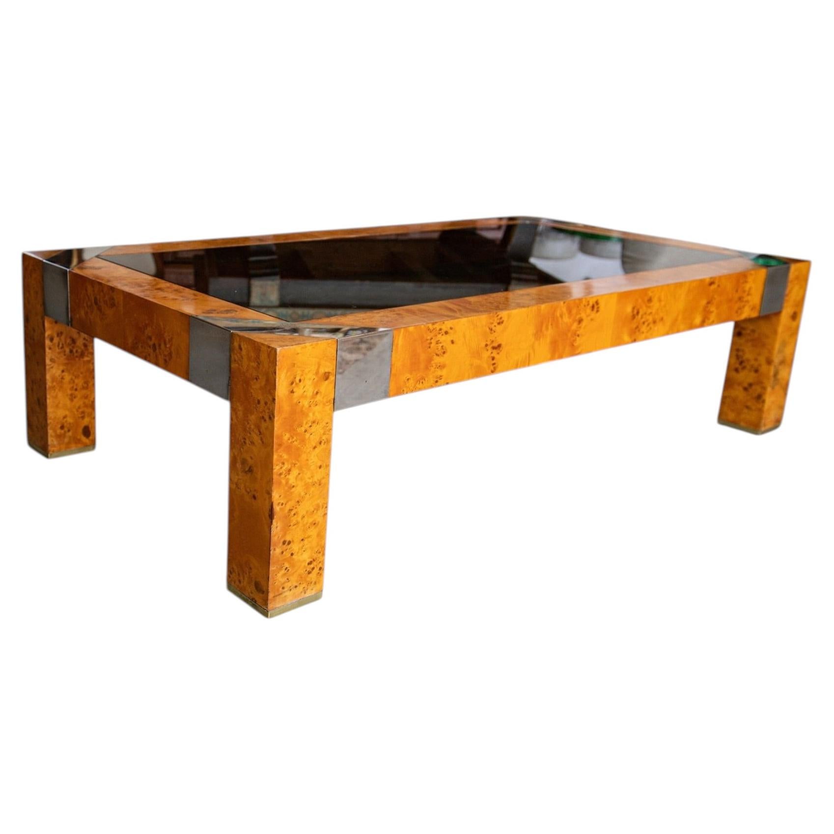Burl and Smoke Glass Coffee Table in the style of Milo Baughman