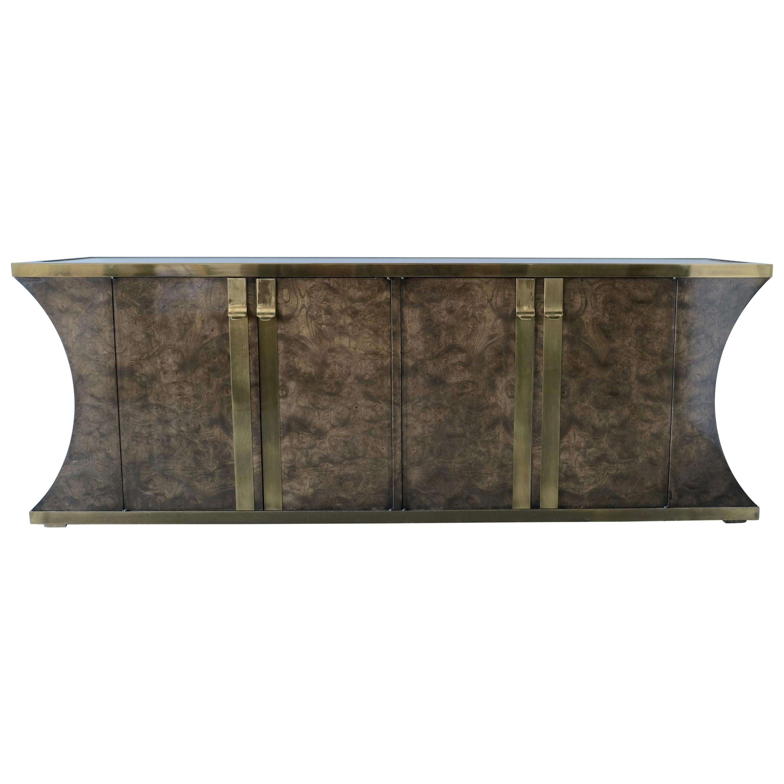 Burl and Vintage Brass Mastercraft Credenza or Sideboard For Sale