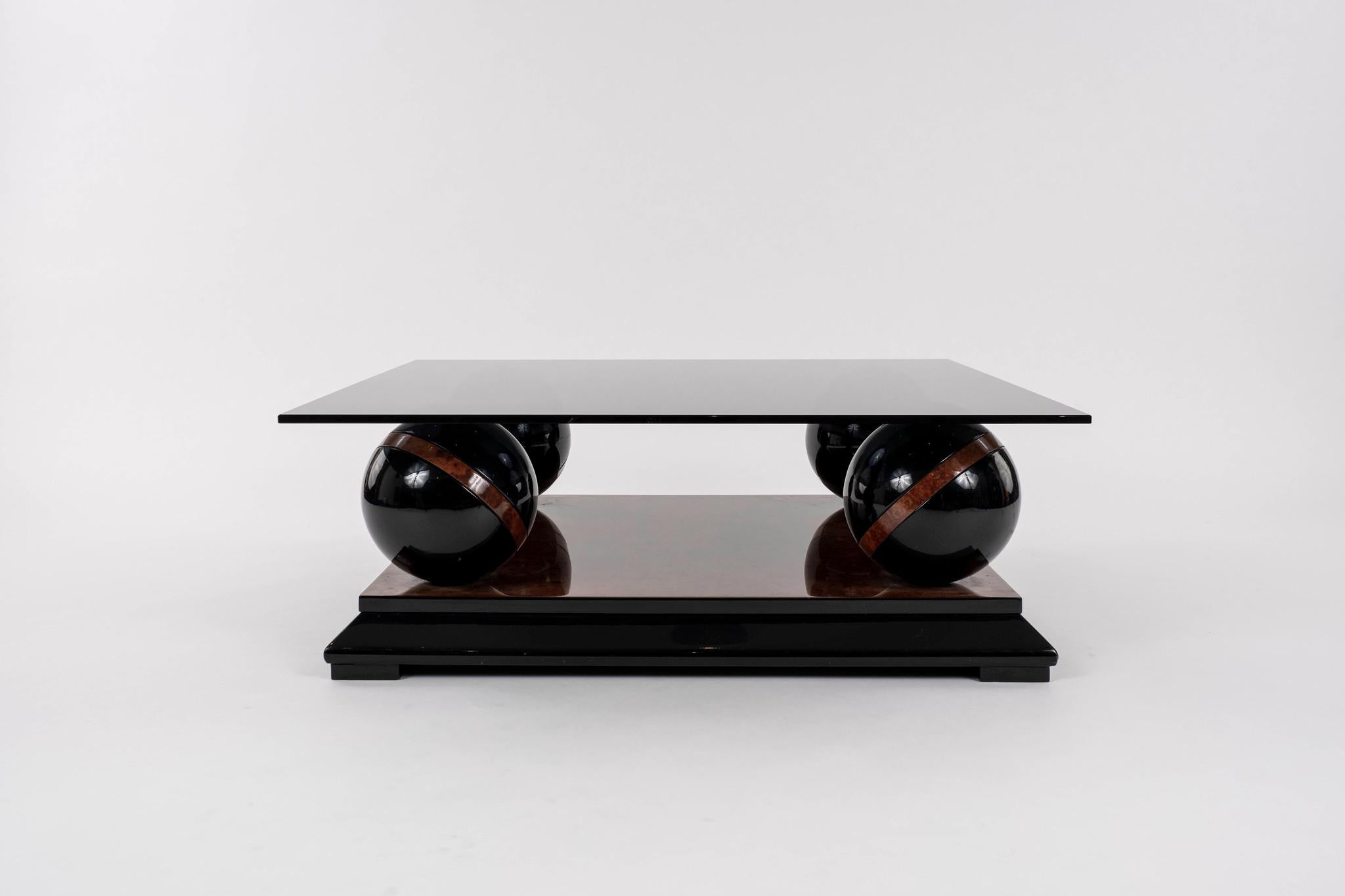 1970s Burlwood and black lacquered cocktail table with smoked glass.