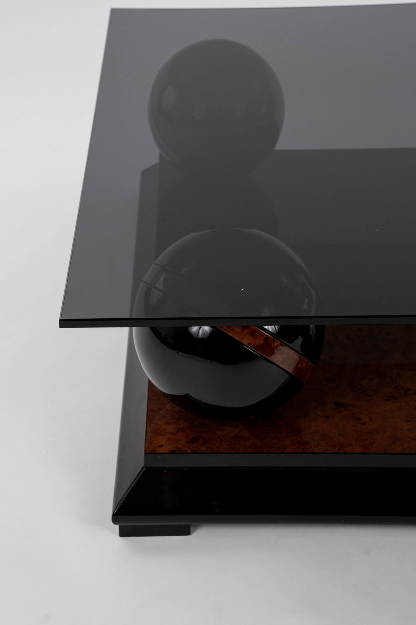 Lacquered Burl Black Laquered Sphere Cocktail Table