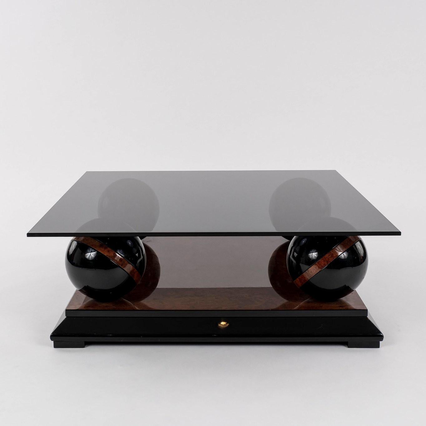 Wood Burl Black Laquered Sphere Cocktail Table