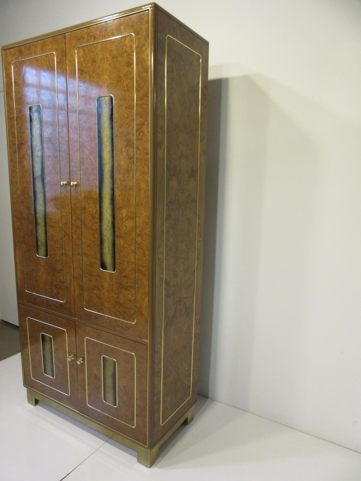 American Burl / Brass Tall Chest or Armoire with Acid Etched Panels by Romweber