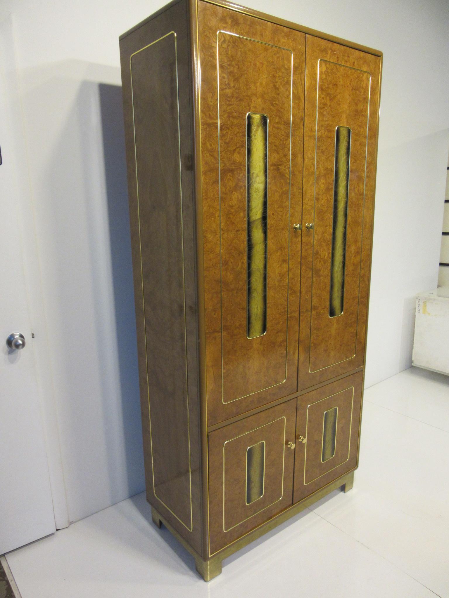Burl / Brass Tall Chest or Armoire with Acid Etched Panels by Romweber In Good Condition In Cincinnati, OH