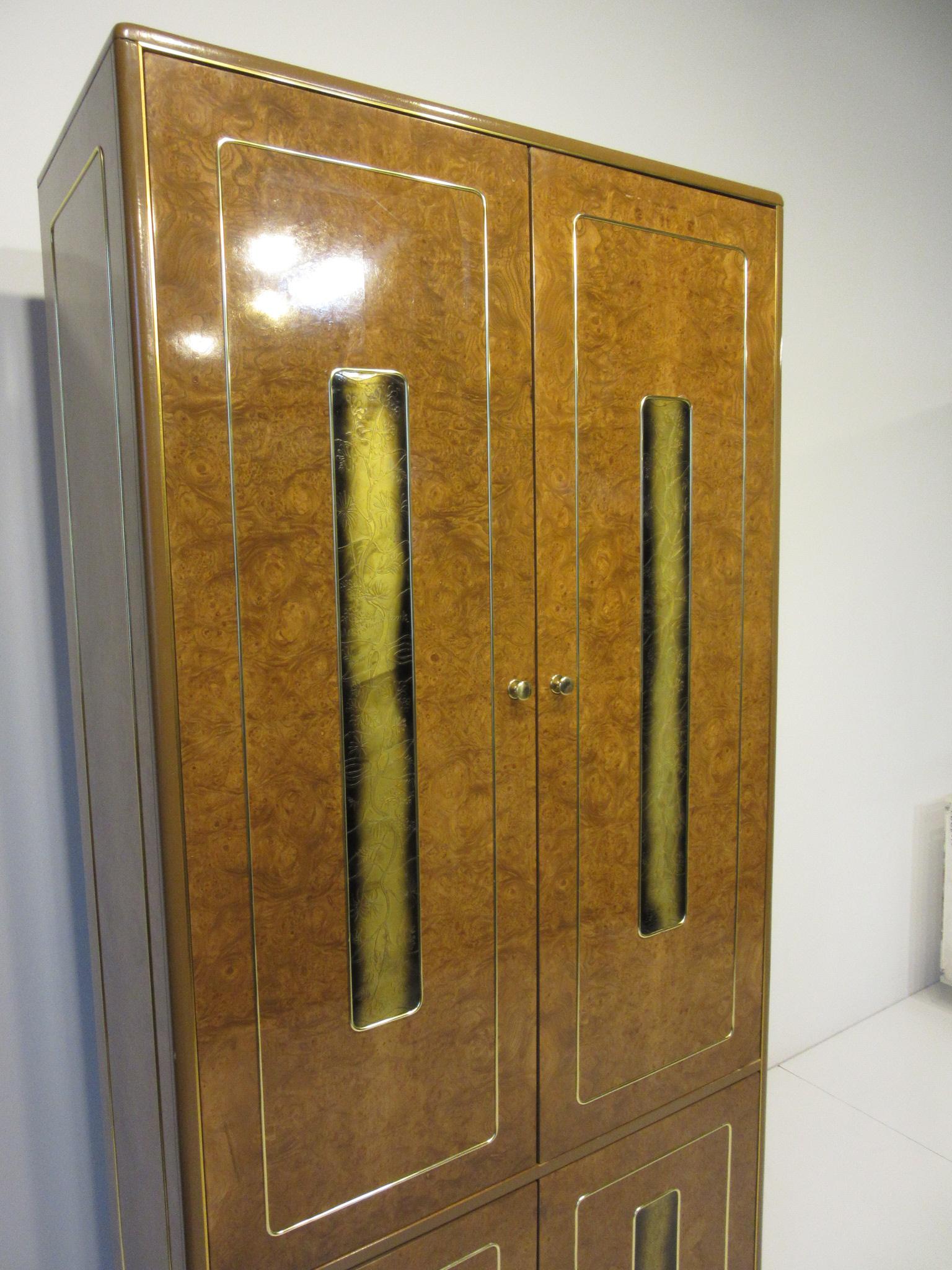 20th Century Burl / Brass Tall Chest or Armoire with Acid Etched Panels by Romweber