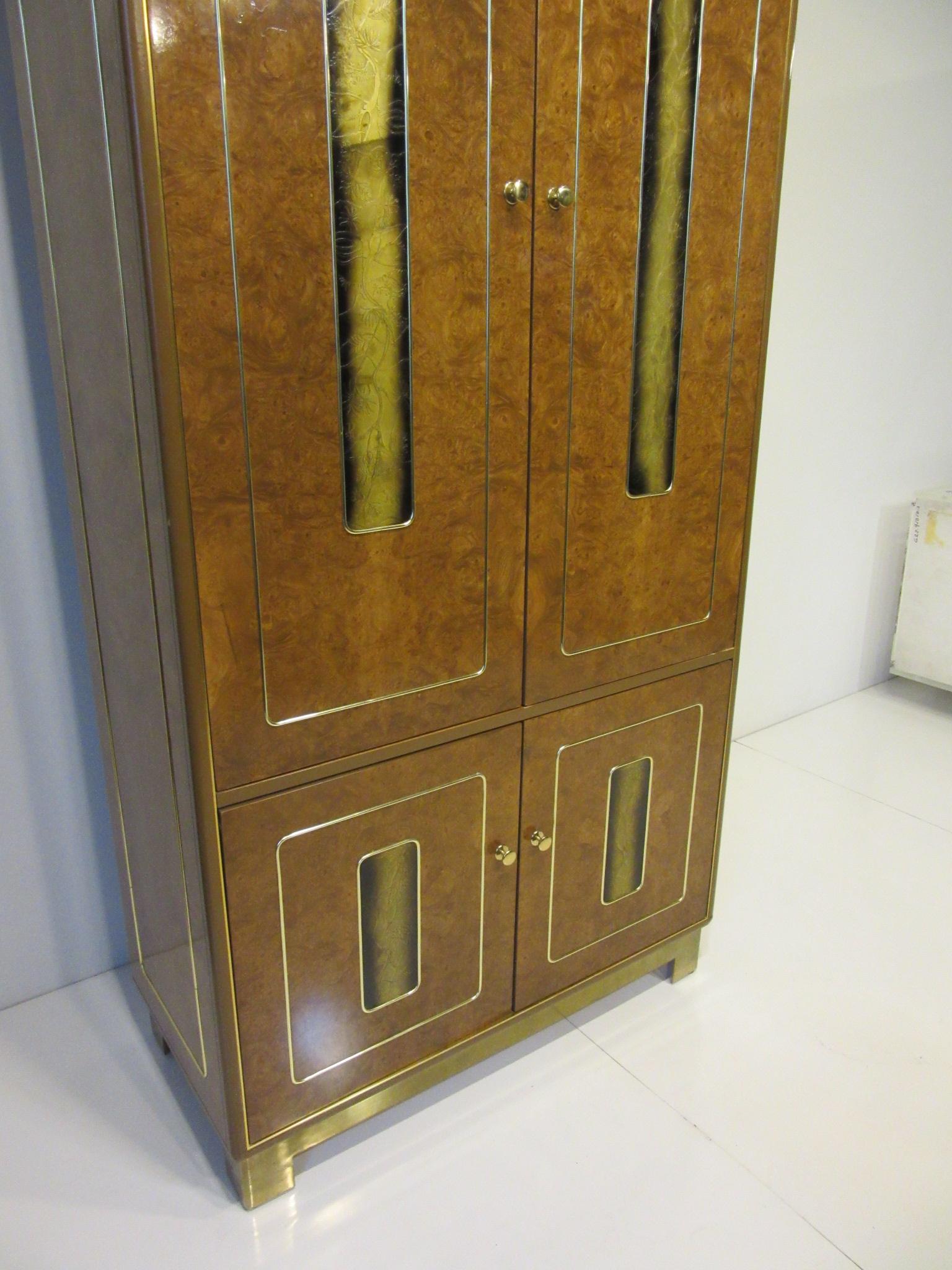 Burl / Brass Tall Chest or Armoire with Acid Etched Panels by Romweber 1