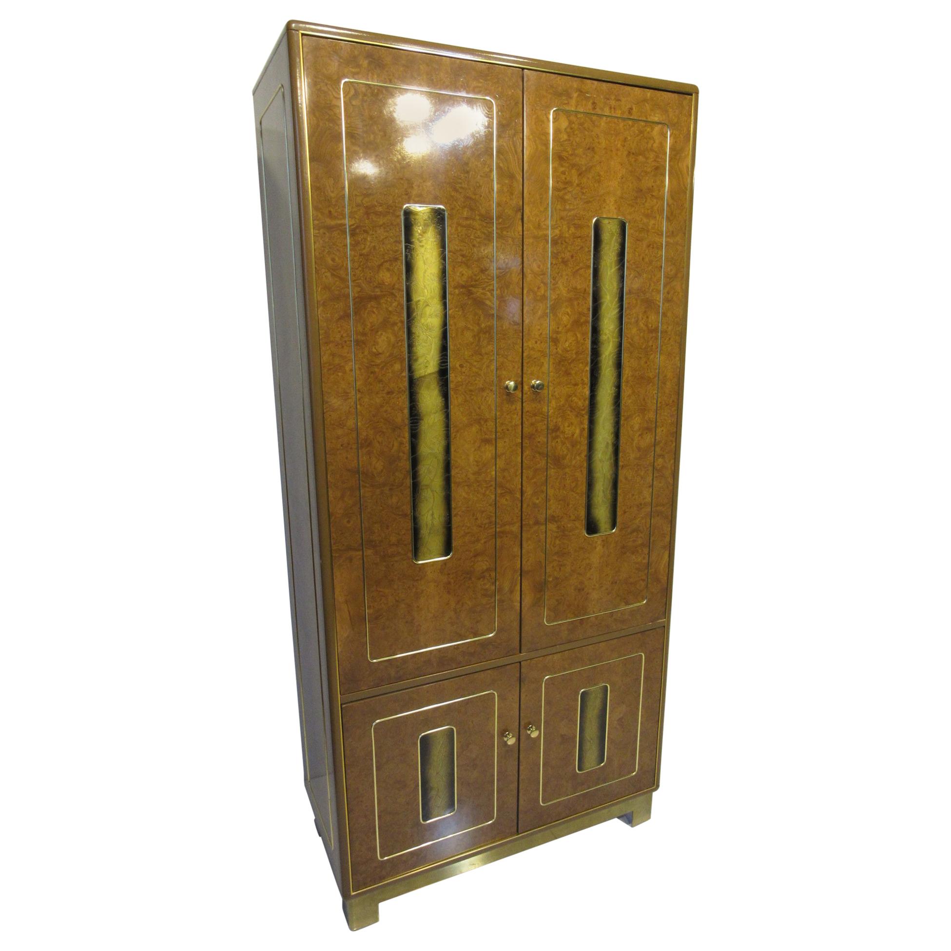 Burl / Brass Tall Chest or Armoire with Acid Etched Panels by Romweber