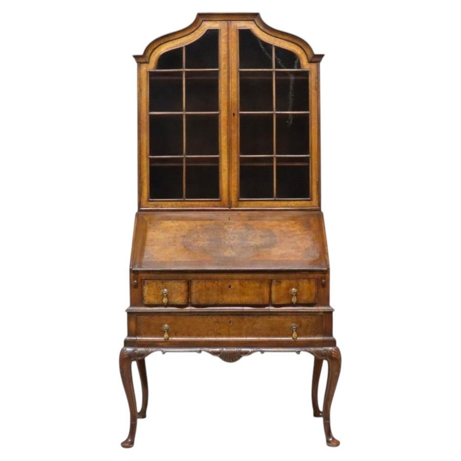 Burl & Carved Walnut Slant Front Marquetry Secretary Desk c1900